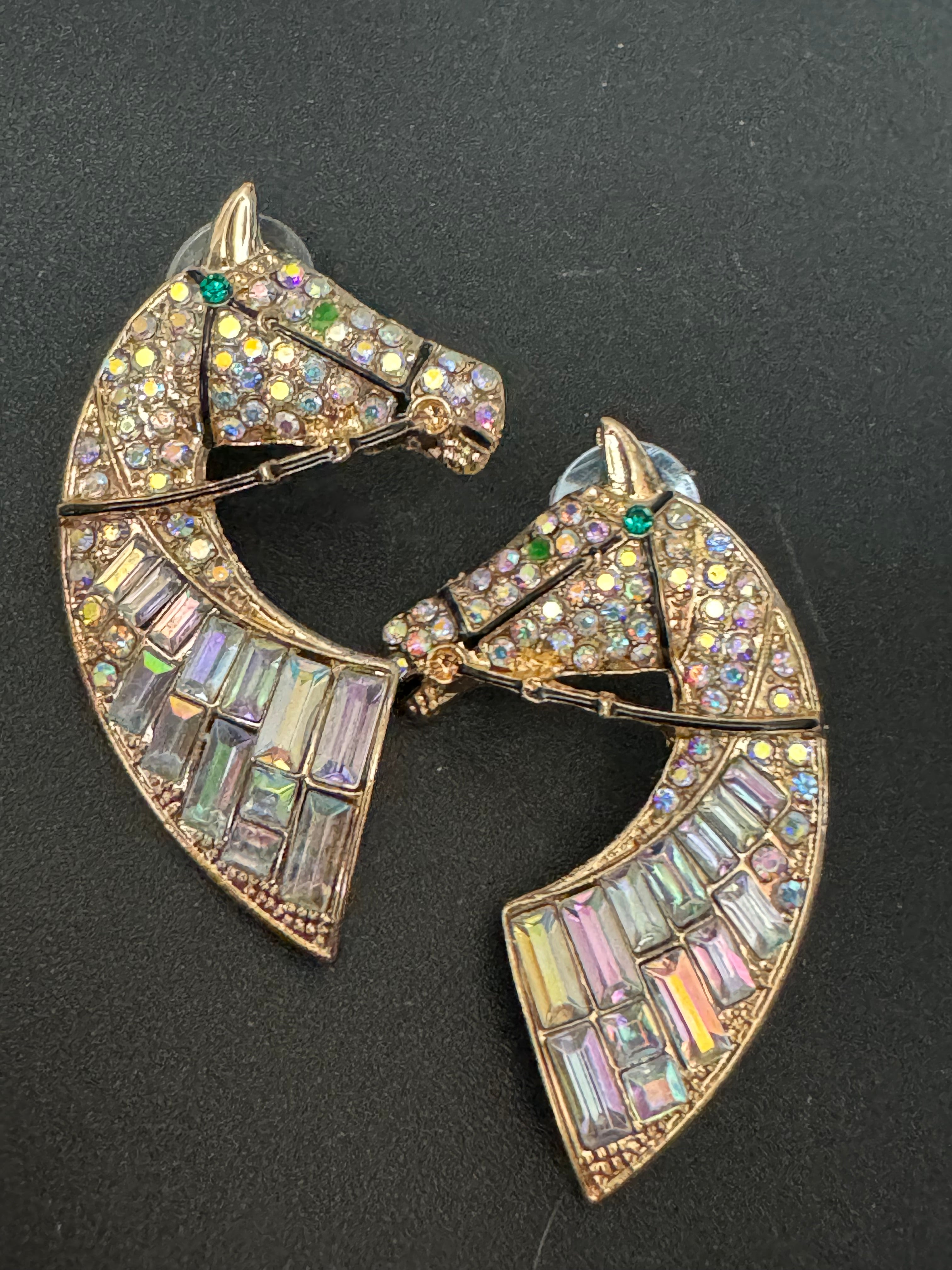 Oversized novelty horse head earrings clear rainbow crystal baguette diamanté pierced studs