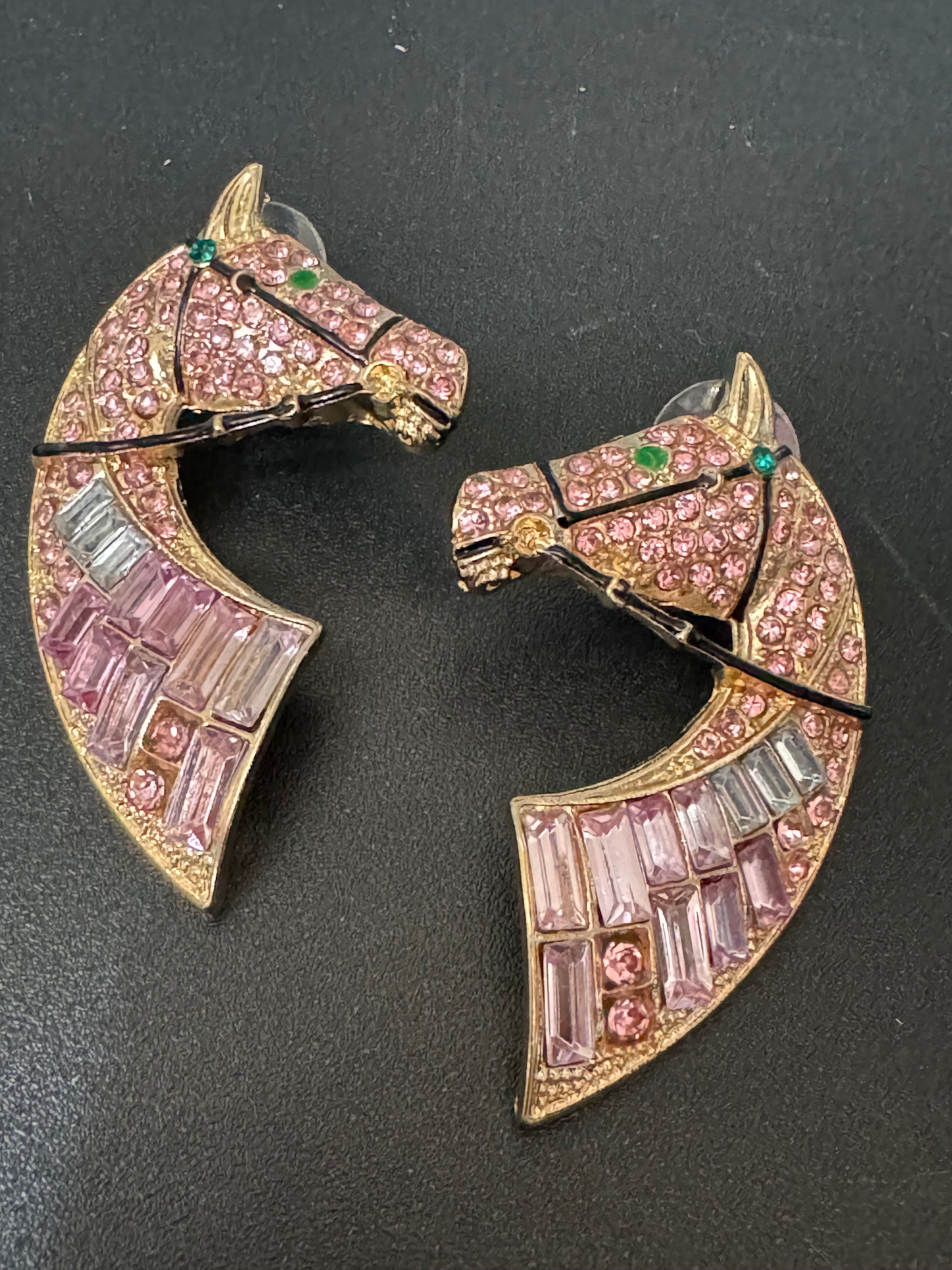 Oversized novelty horse head earrings pink crystal baguette diamanté pierced studs