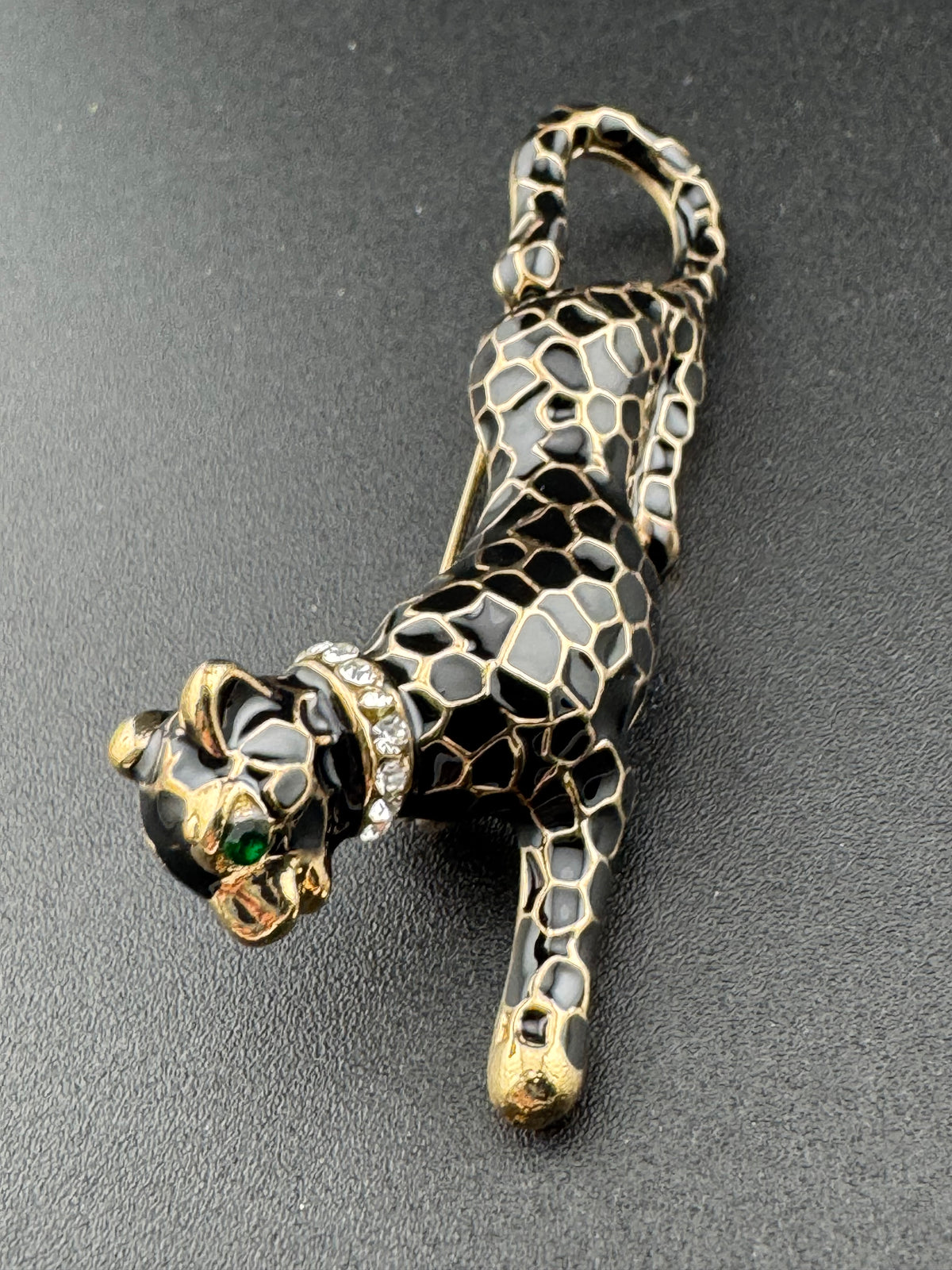 Leopard Panther Brooch, Black Enamel Crystal, Gold Tone, Big 6Cm