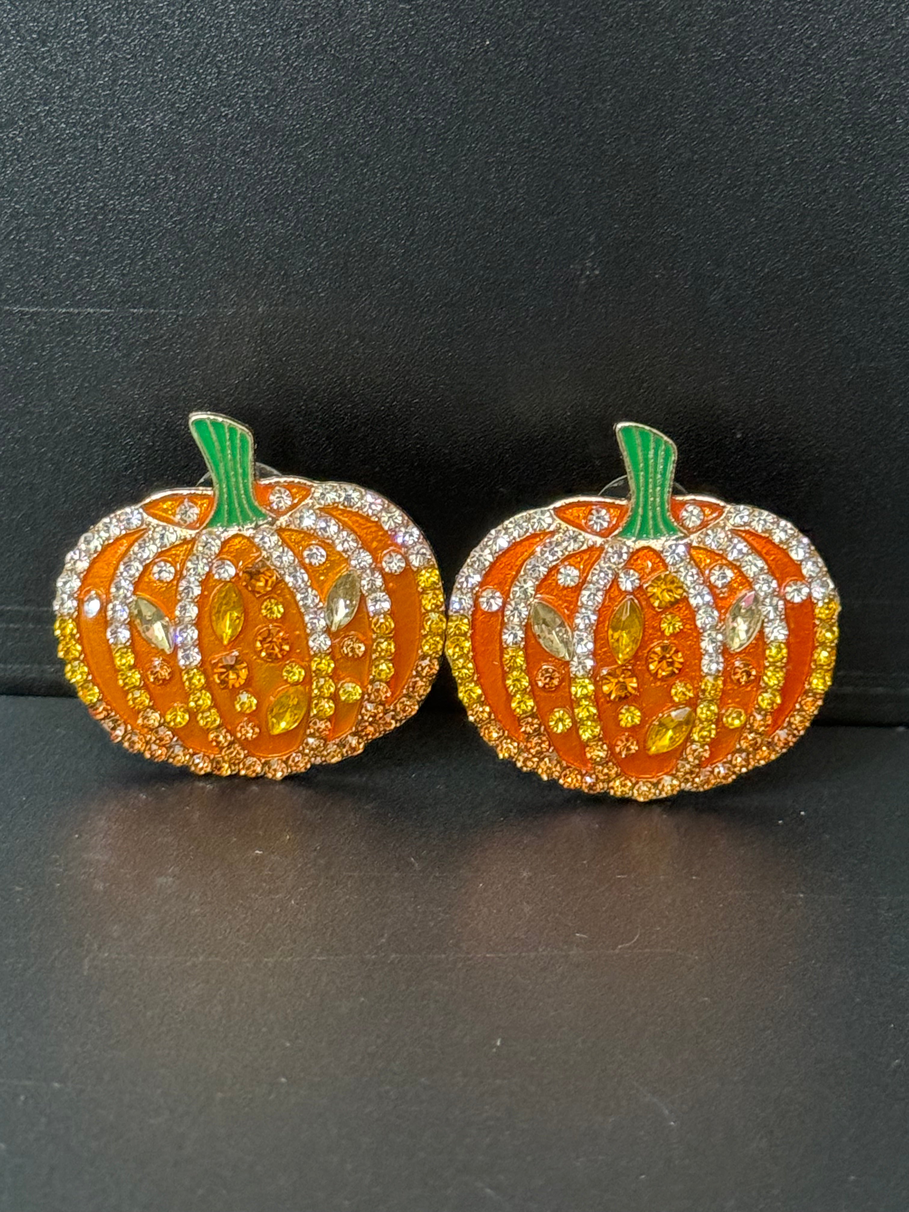 Oversized crystal orange enamel pumpkin earrings pierced