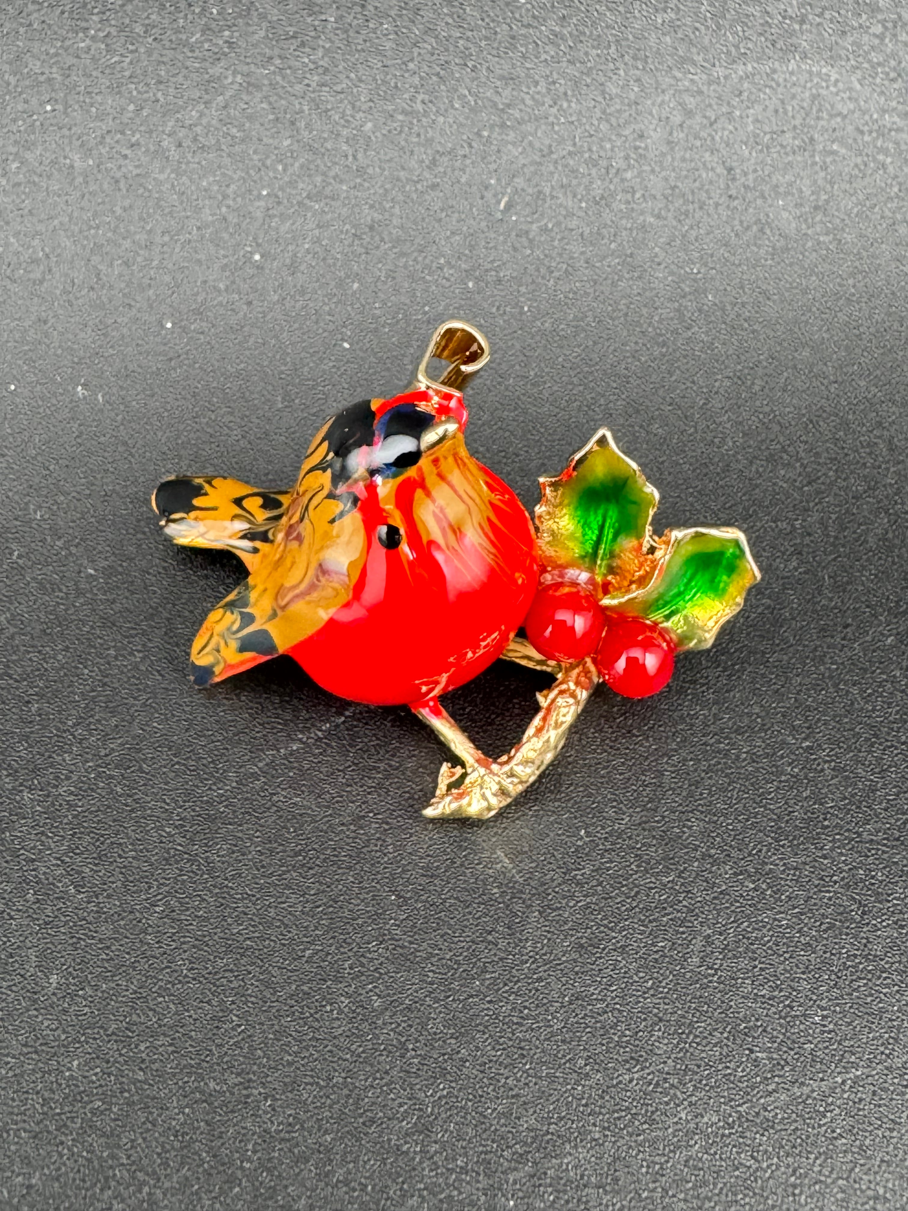 Enamel Christmas Robin bird brooch with holly