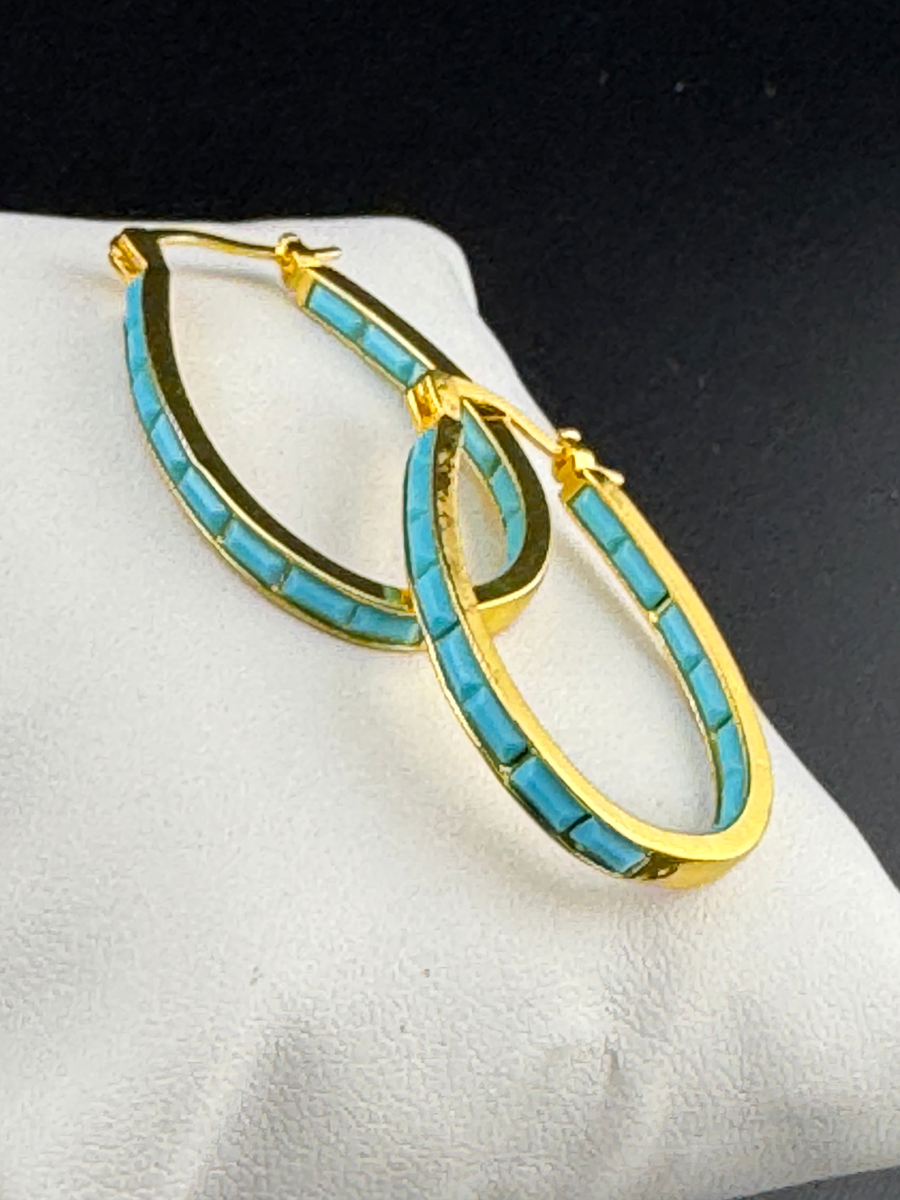 Turquoise blue gold tone oval hoop earrings