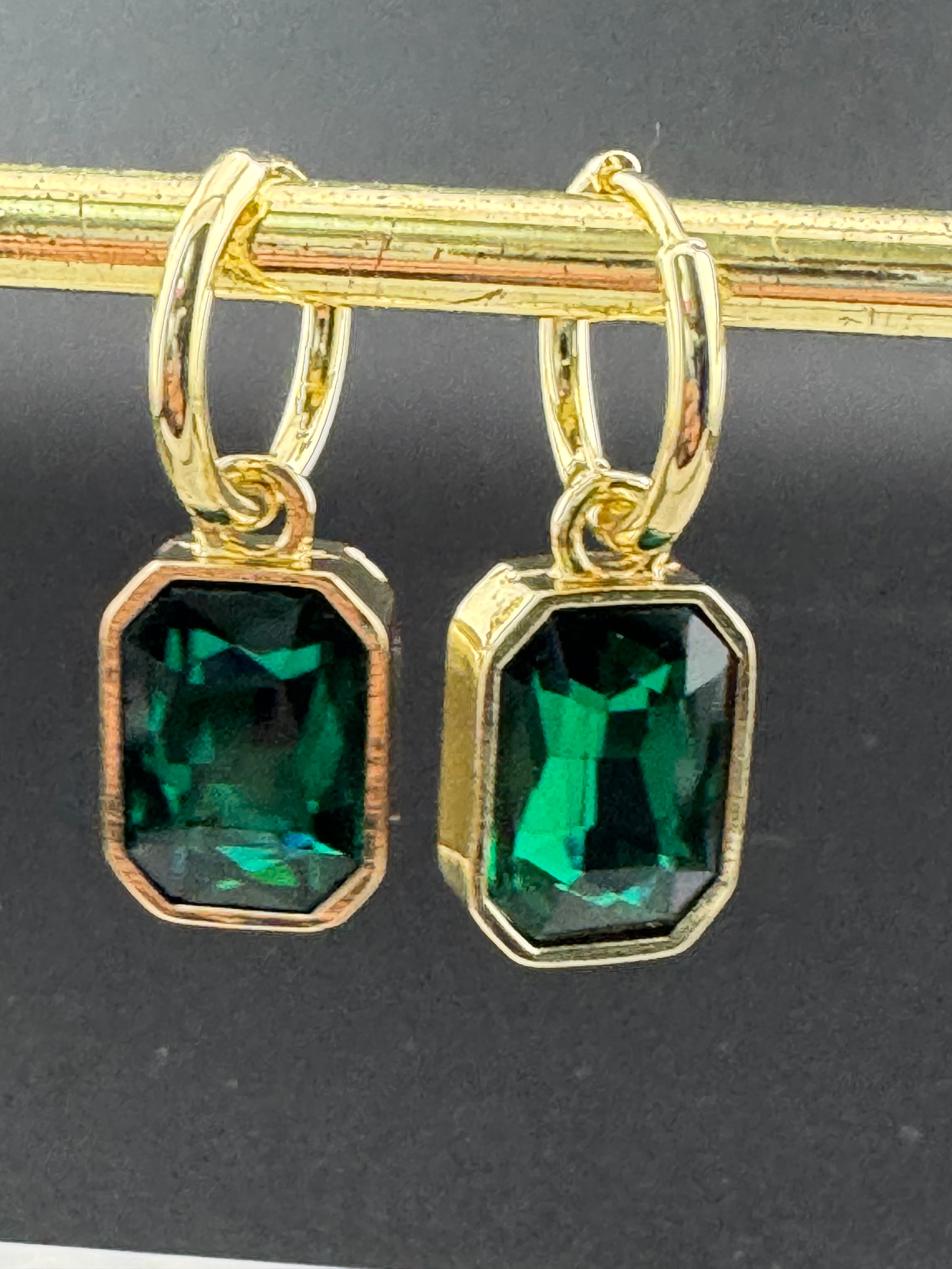 Emerald green diamond glass crystal octagonal charm small hoop earrings pierced, gold plated