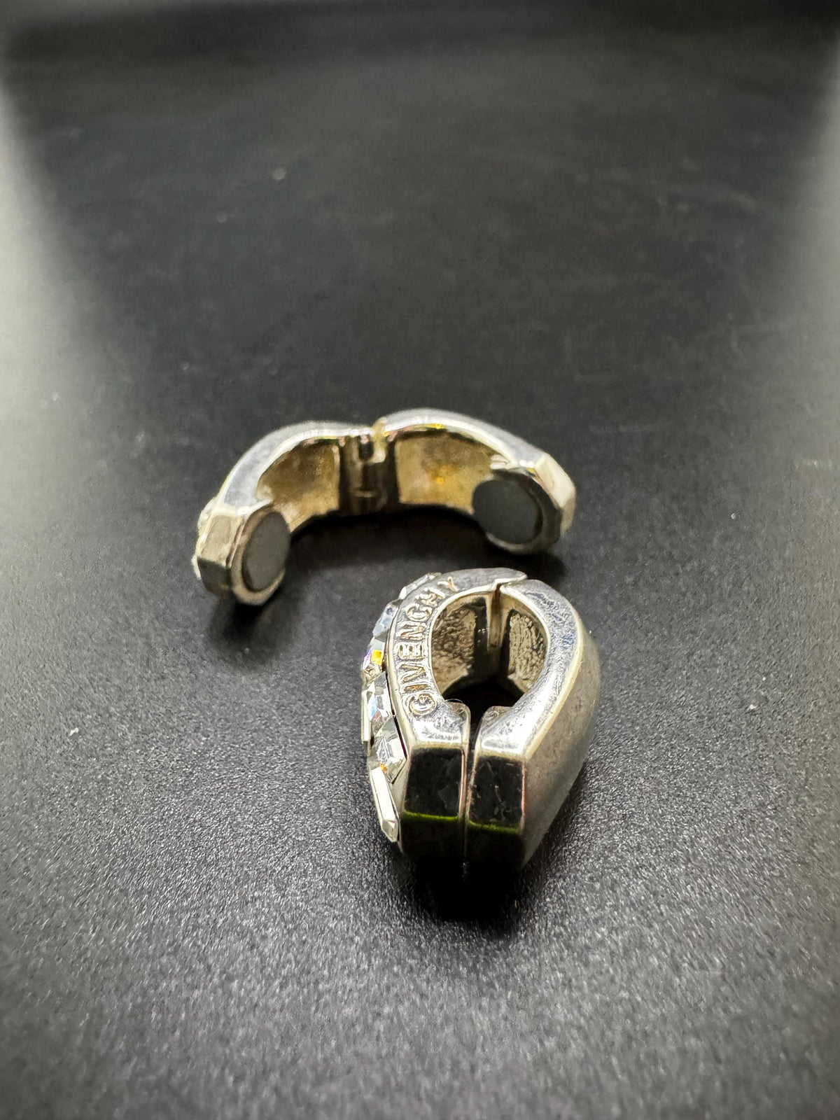 Vintage Givenchy Earrings, Hoop Clip-Ons, Crystal, Silver-Plated