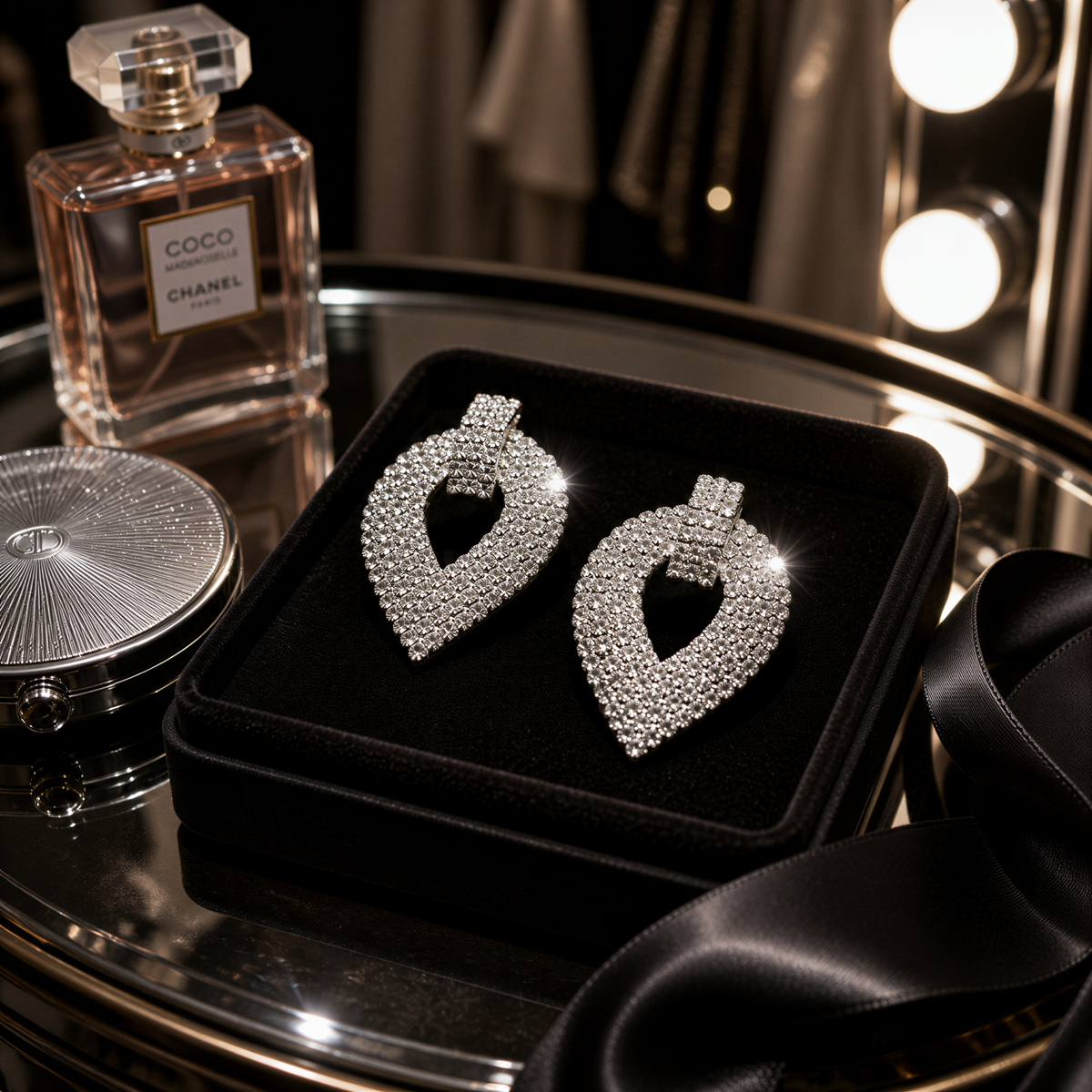 a pair of elegant diamond earrings, a Chanel perfume bottle, and a makeup compact on a reflective surface.