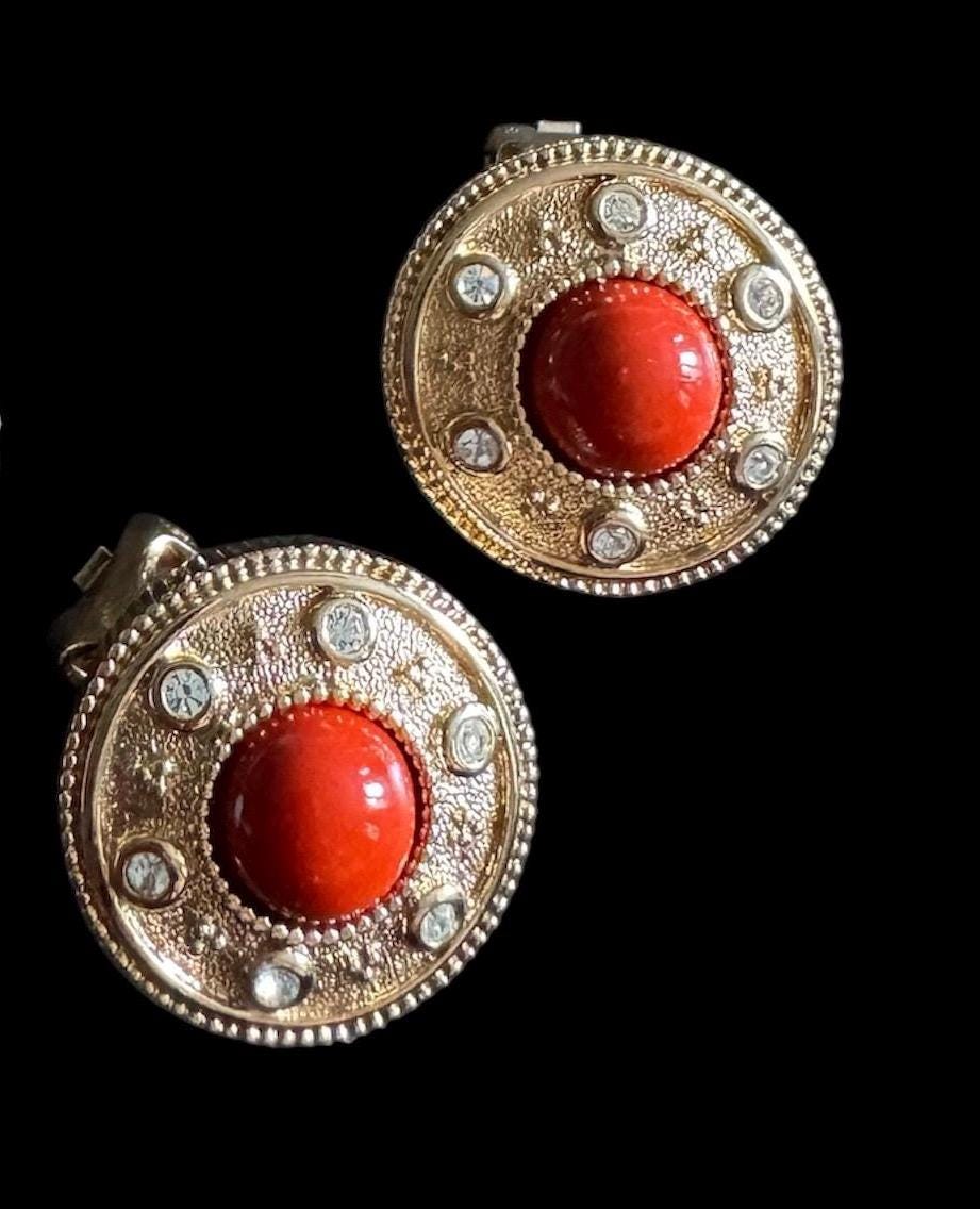 Grosse Clip On Earrings, Terracotta Cabochon, Rhinestones, Gold Plated