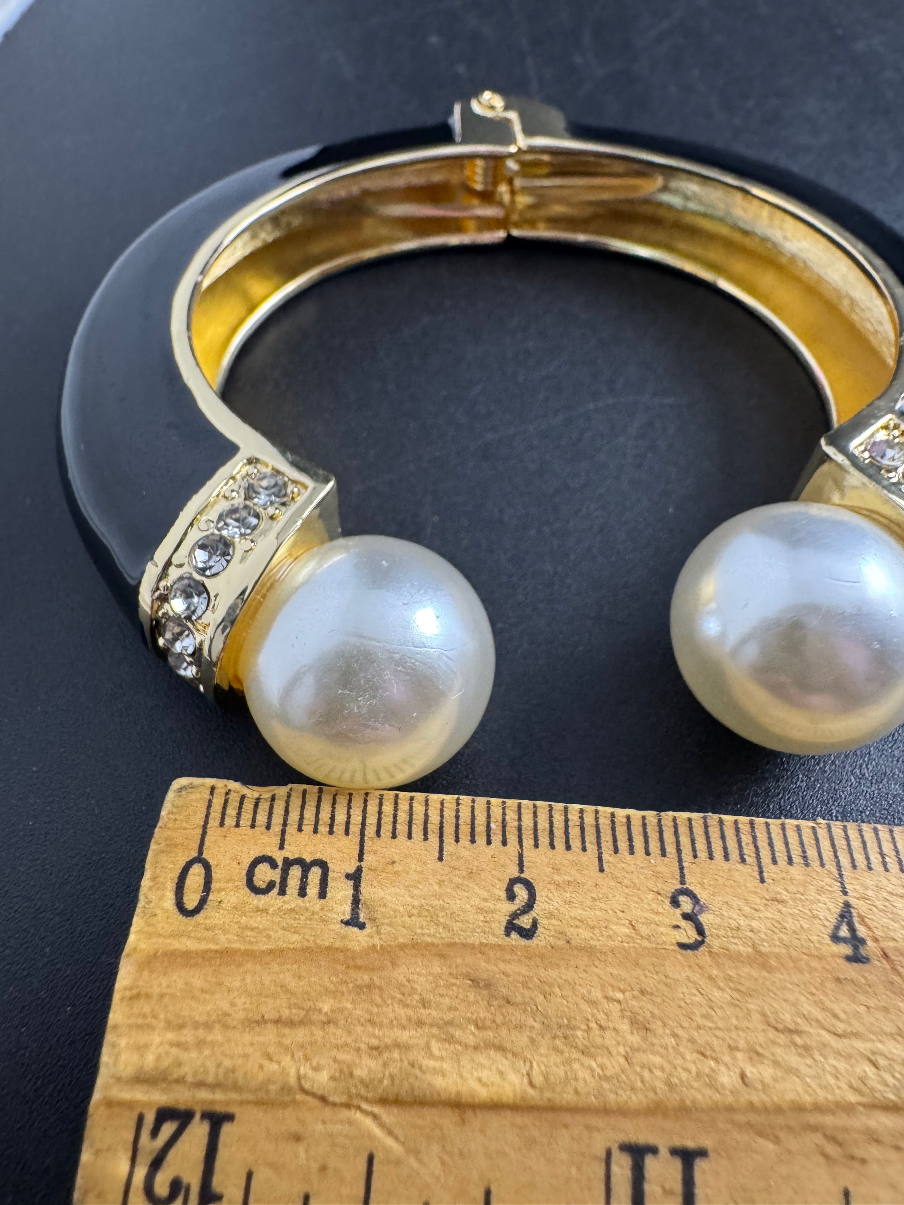 Classic black enamel Crystal clamper Bangle with pearl ball ends
