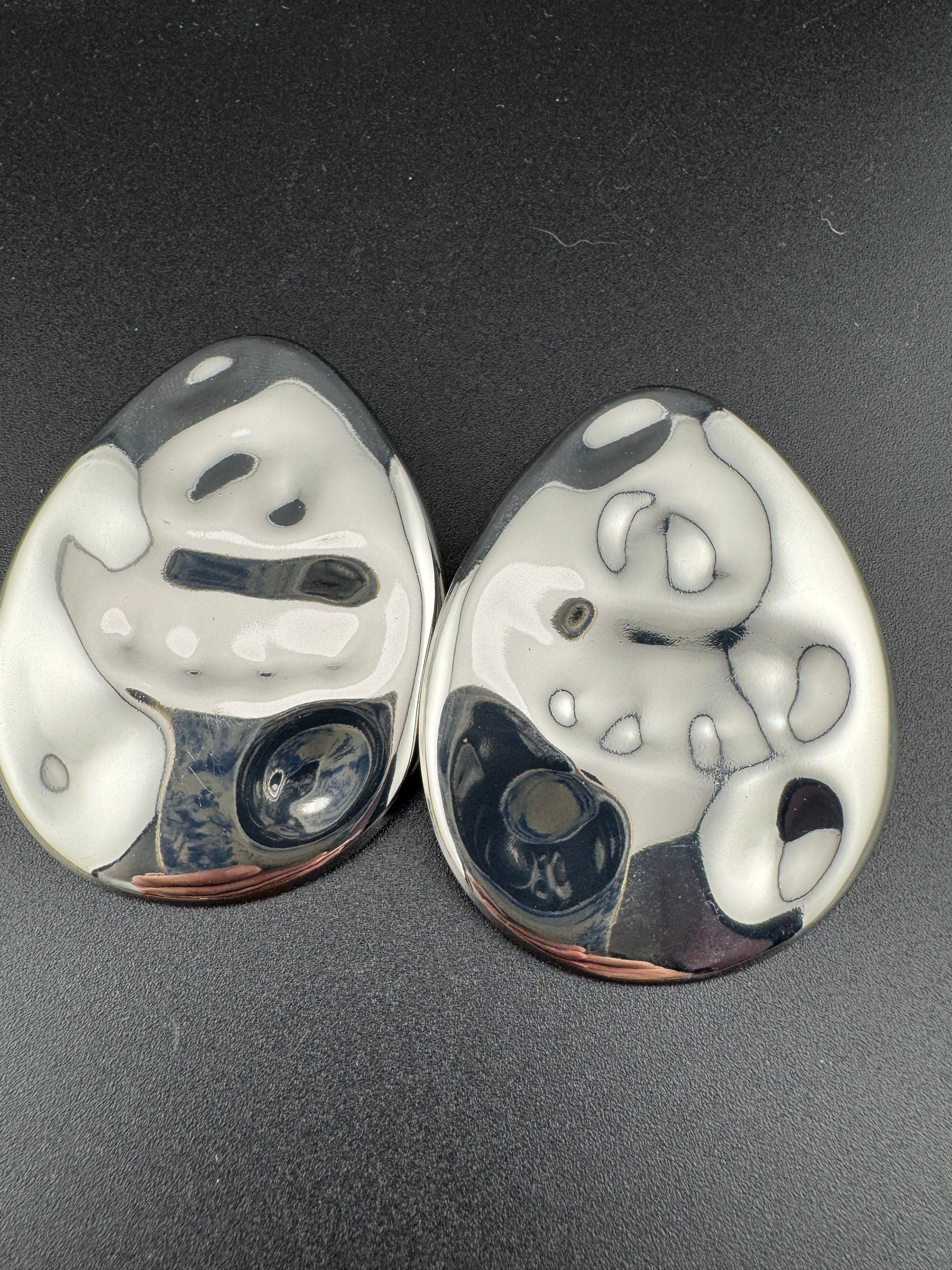 Oversized gold and silver tone flat abstract oval huge stud earrings pierced