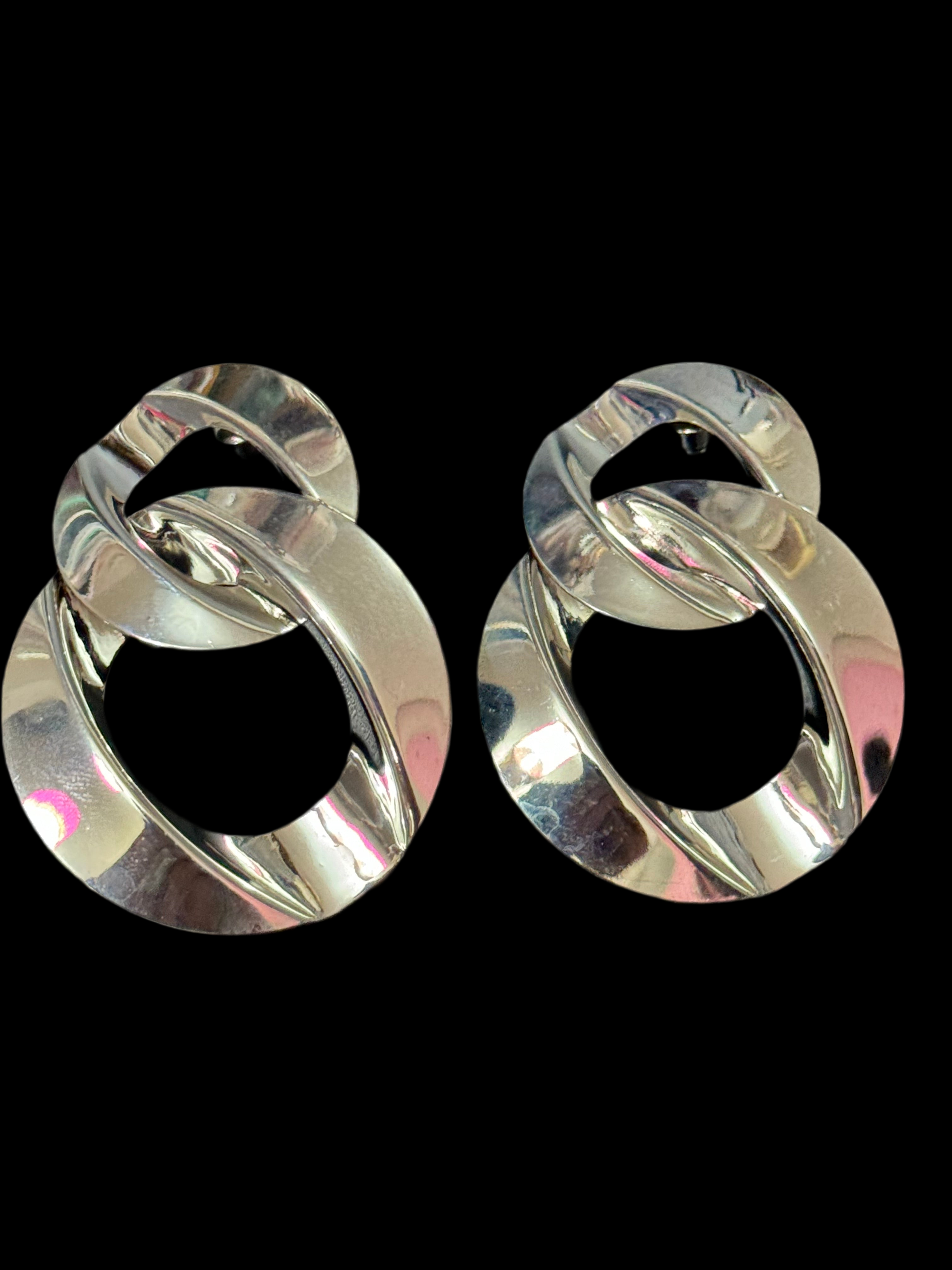 Oversized silver flat chain link drop earrings pierced