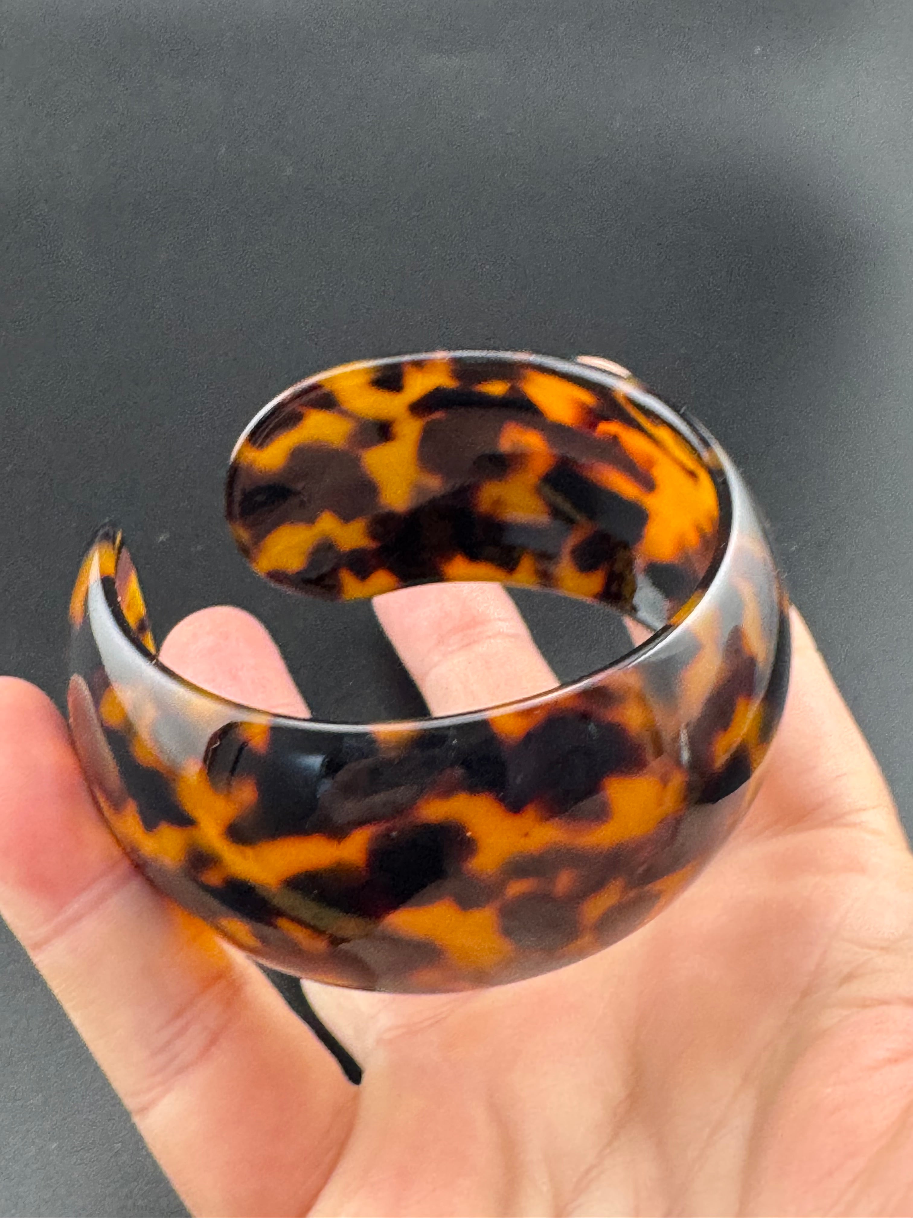 Wide acrylic brown faux tortoiseshell open cuff bangle bracelet