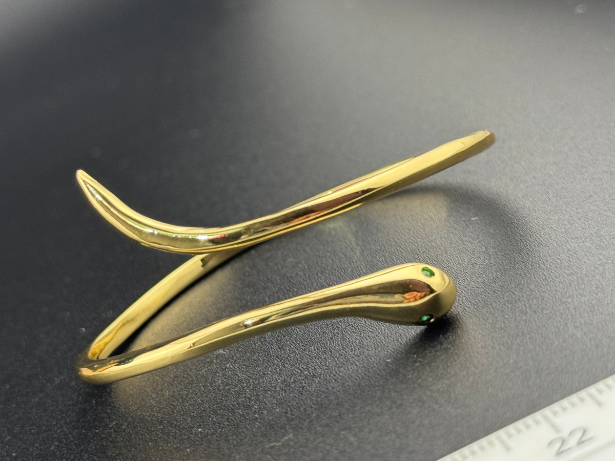Gold Snake Bangle Bracelet |Hinged Gold-Plated Cuff, Emerald Eyes