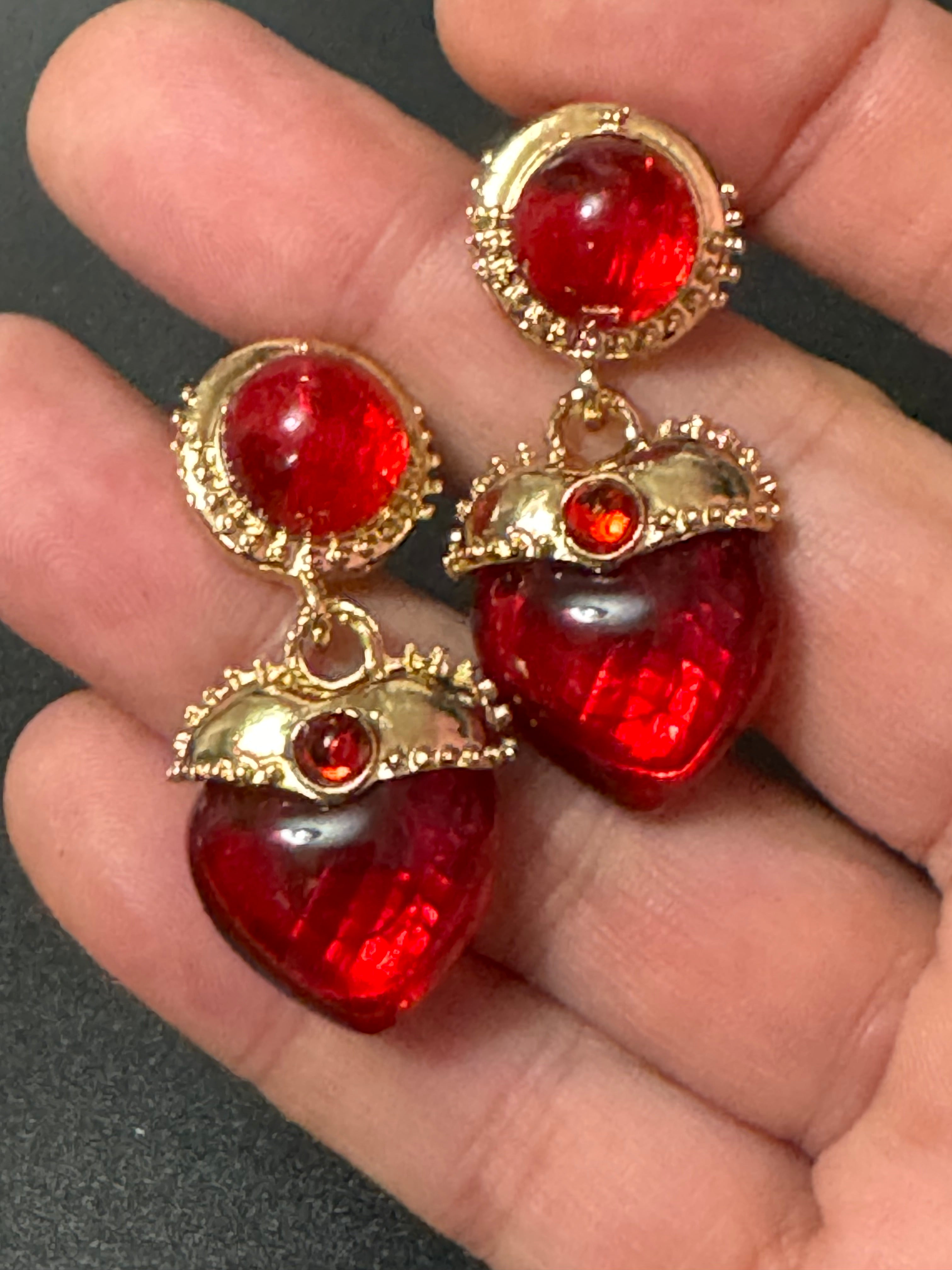 Oversized medieval style ruby red love heart cabochon drop earrings gold tone