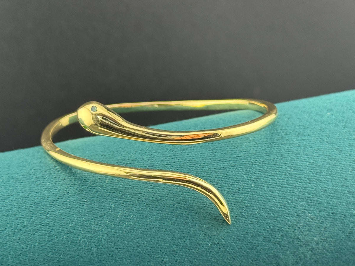 Gold Snake Bangle Bracelet |Hinged Gold-Plated Cuff, Emerald Eyes