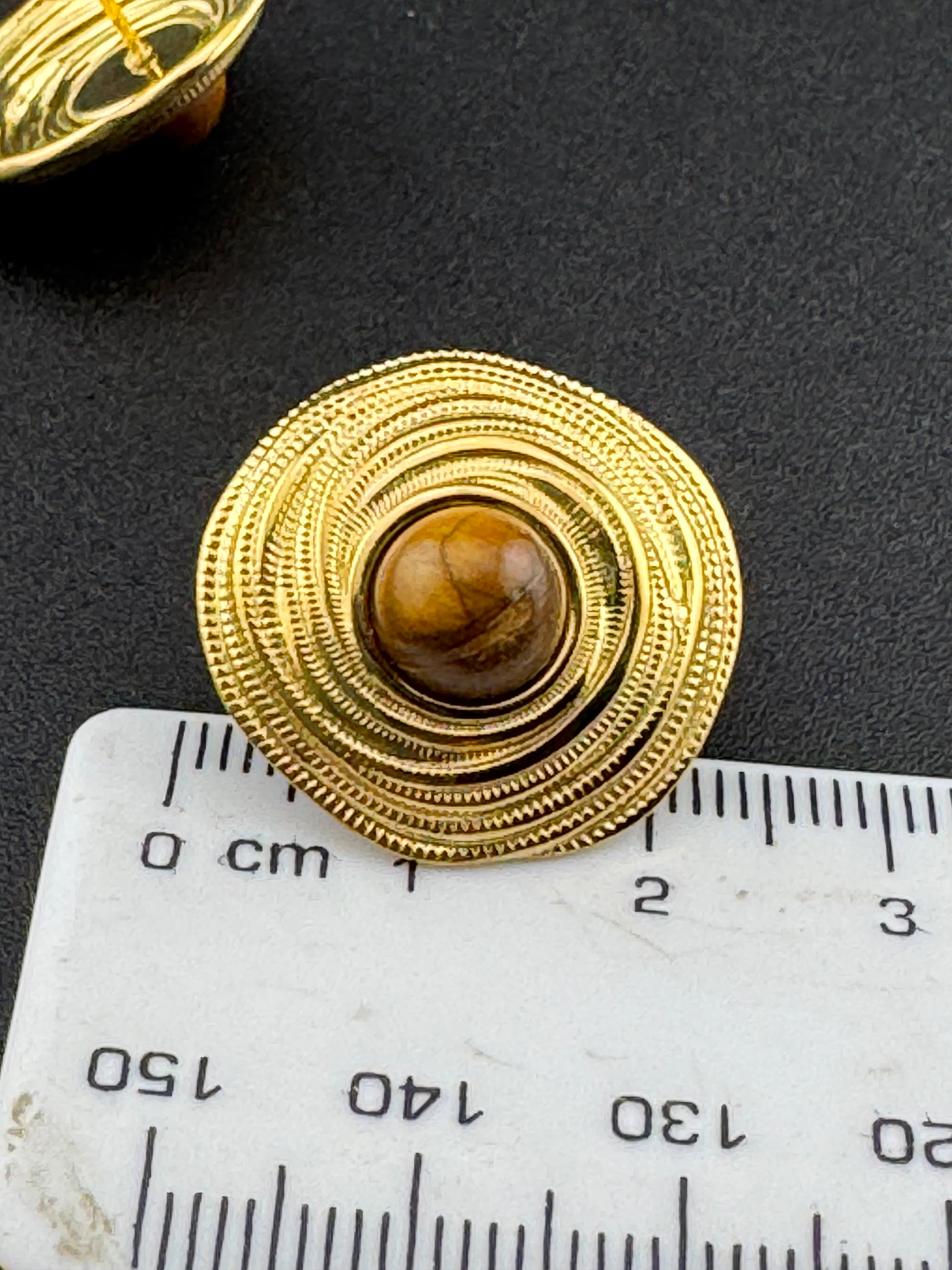 Etruscan medieval style tigers-eye gemstone gold tone stud disc earrings