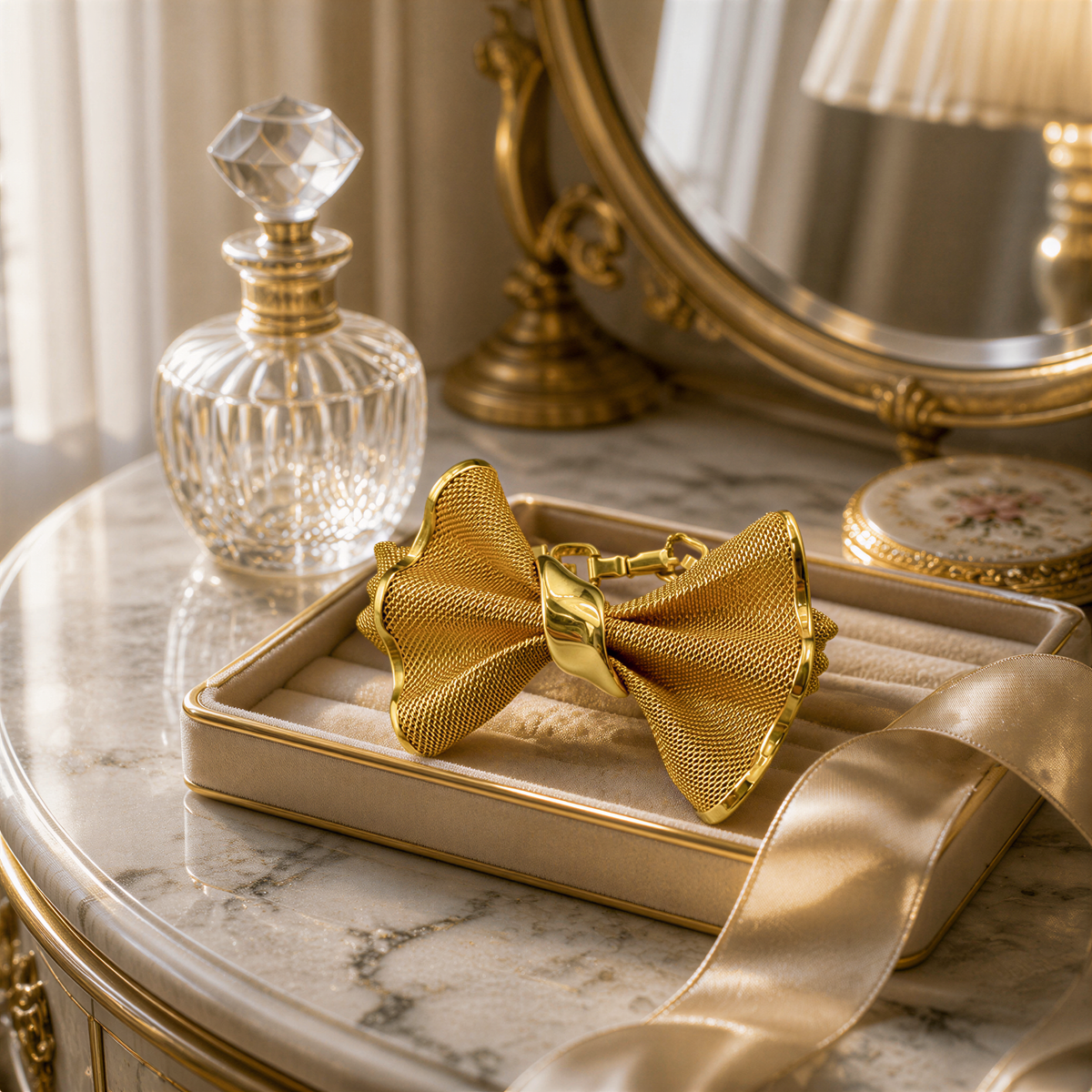 a gold bow tie placed on a gold tray, with a clear perfume bottle and a gold-framed mirror in the background.