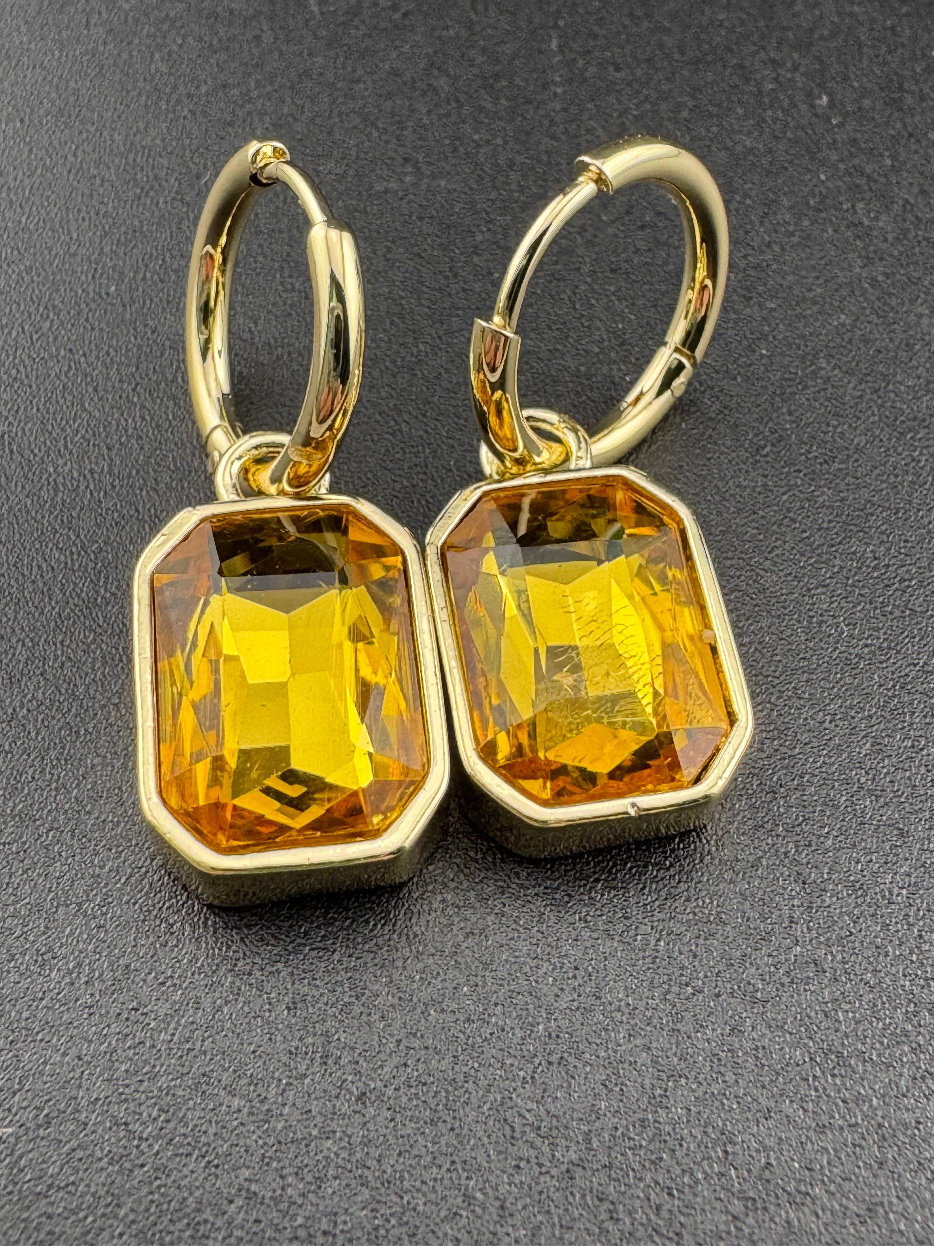 Amber Citrine glass crystal octagonal charm small hoop earrings pierced, gold plated