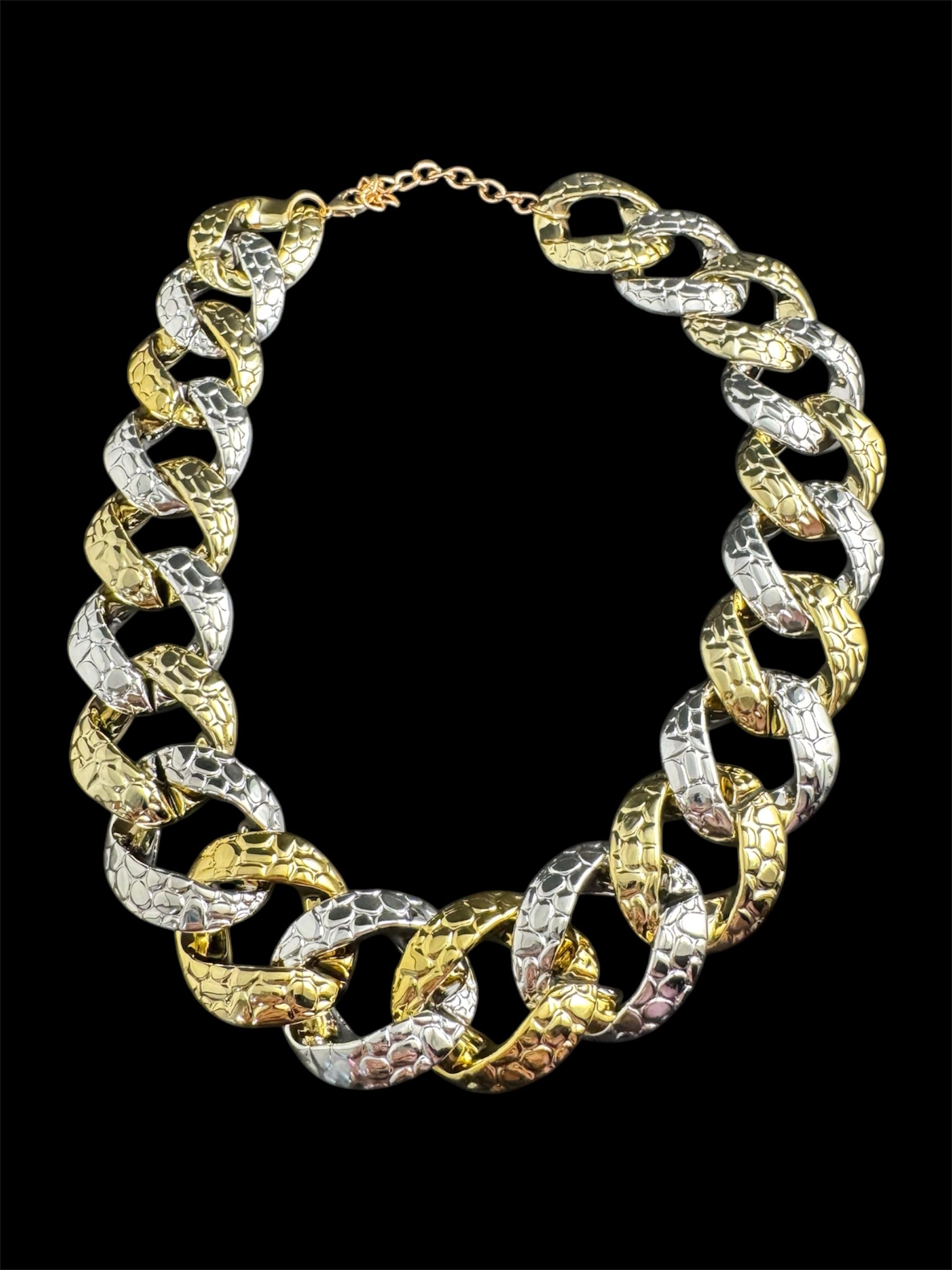 Chunky acrylic gold and silver curb link choker necklace, oversized jewellery