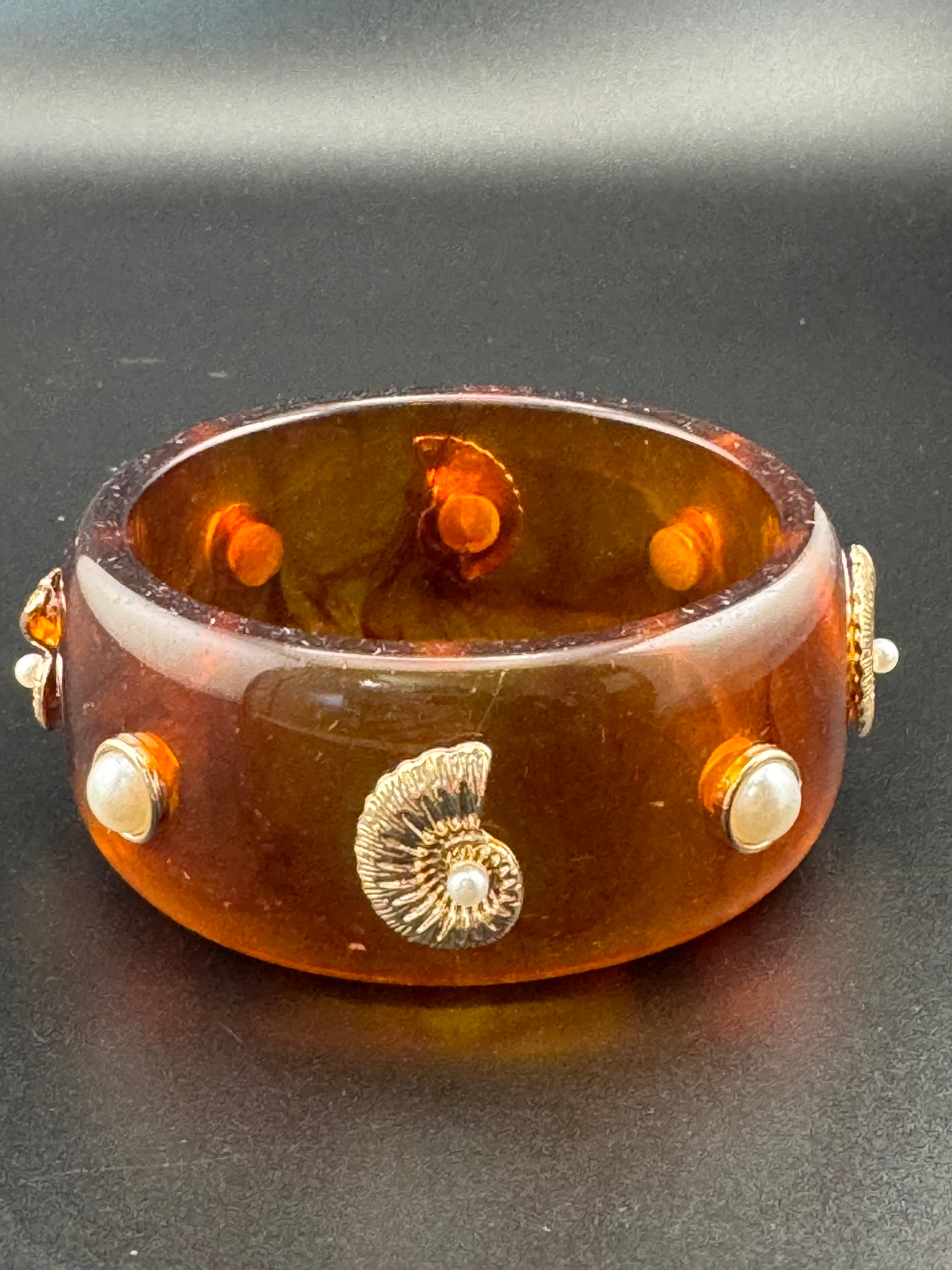 Nautical gold ammonite faux tortoiseshell wide brown acrylic pearl plastic bangle bracelet
