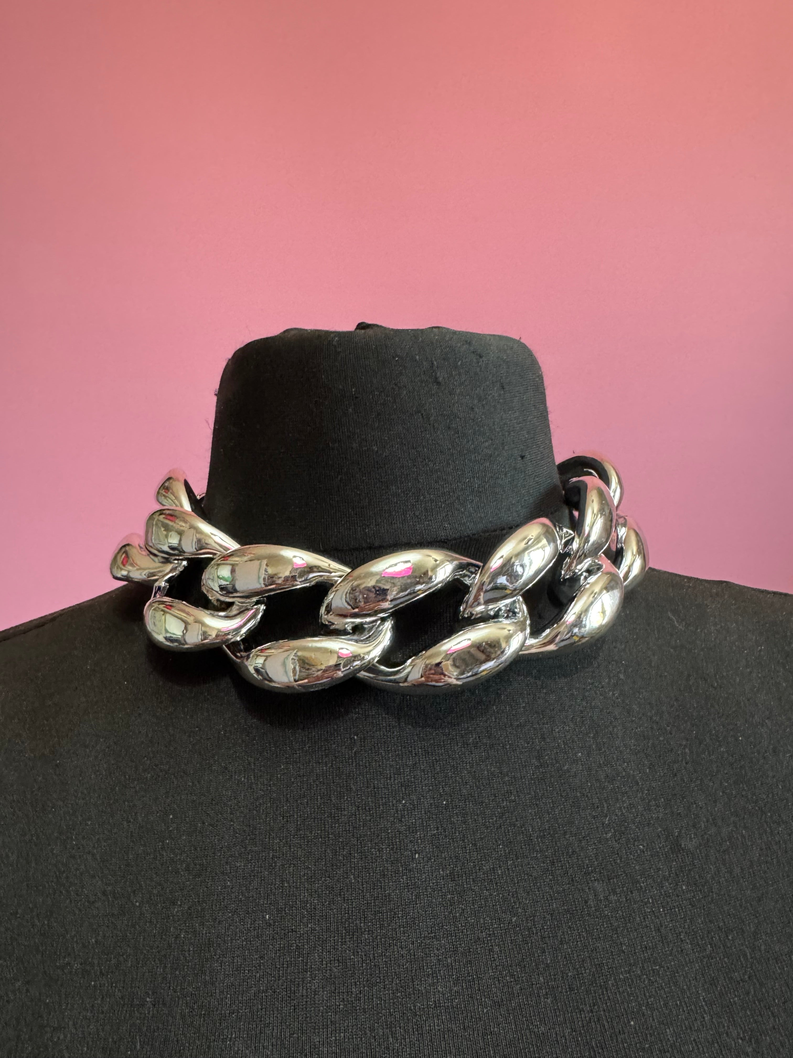 Chunky silver acrylic curb link choker necklace, oversized statement jewellery