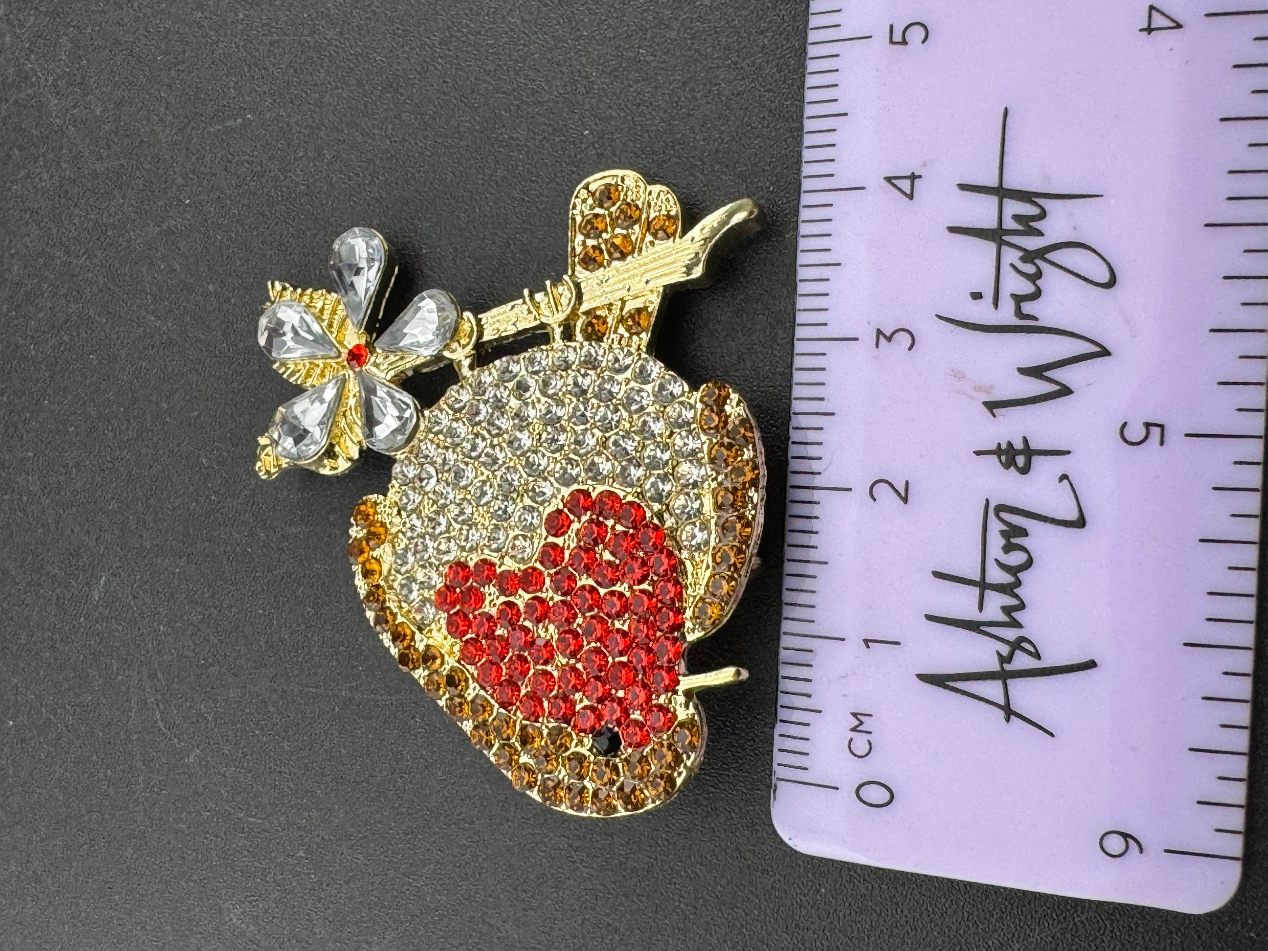 Diamanté Christmas robin brooch red brown crystals