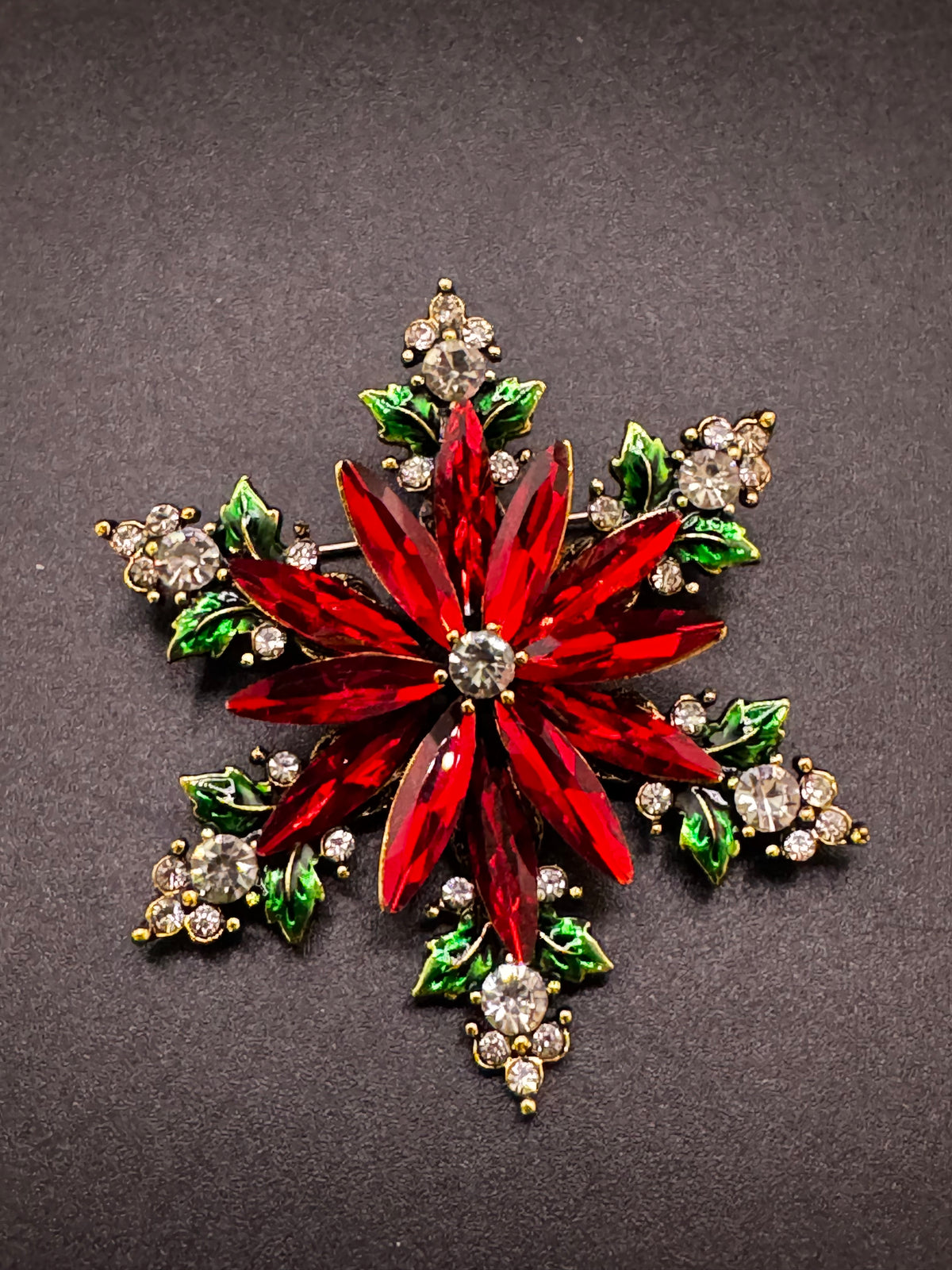 Christmas poinsettia rhinestone flower brooch, red ,green and gold tone festive jewellery