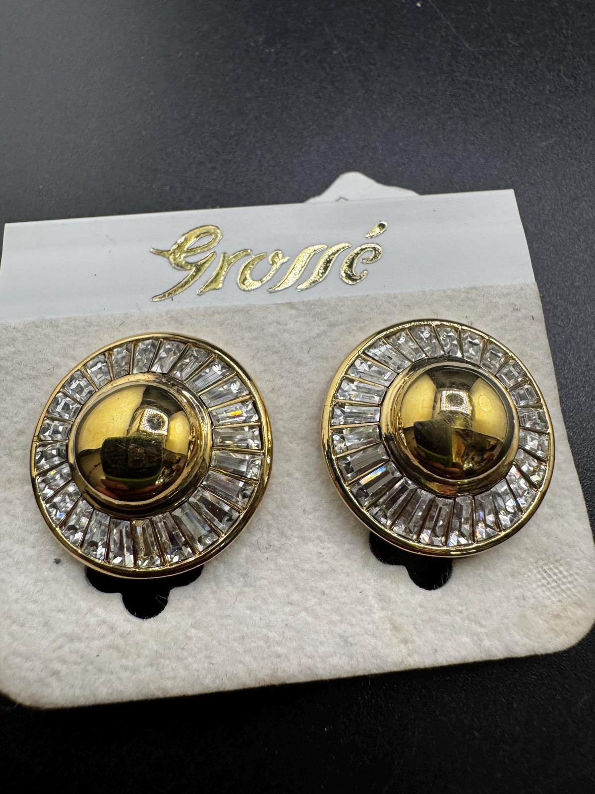 Grosse Clip On Earrings, Clear Baguette Rhinestone Round, Gold Plated