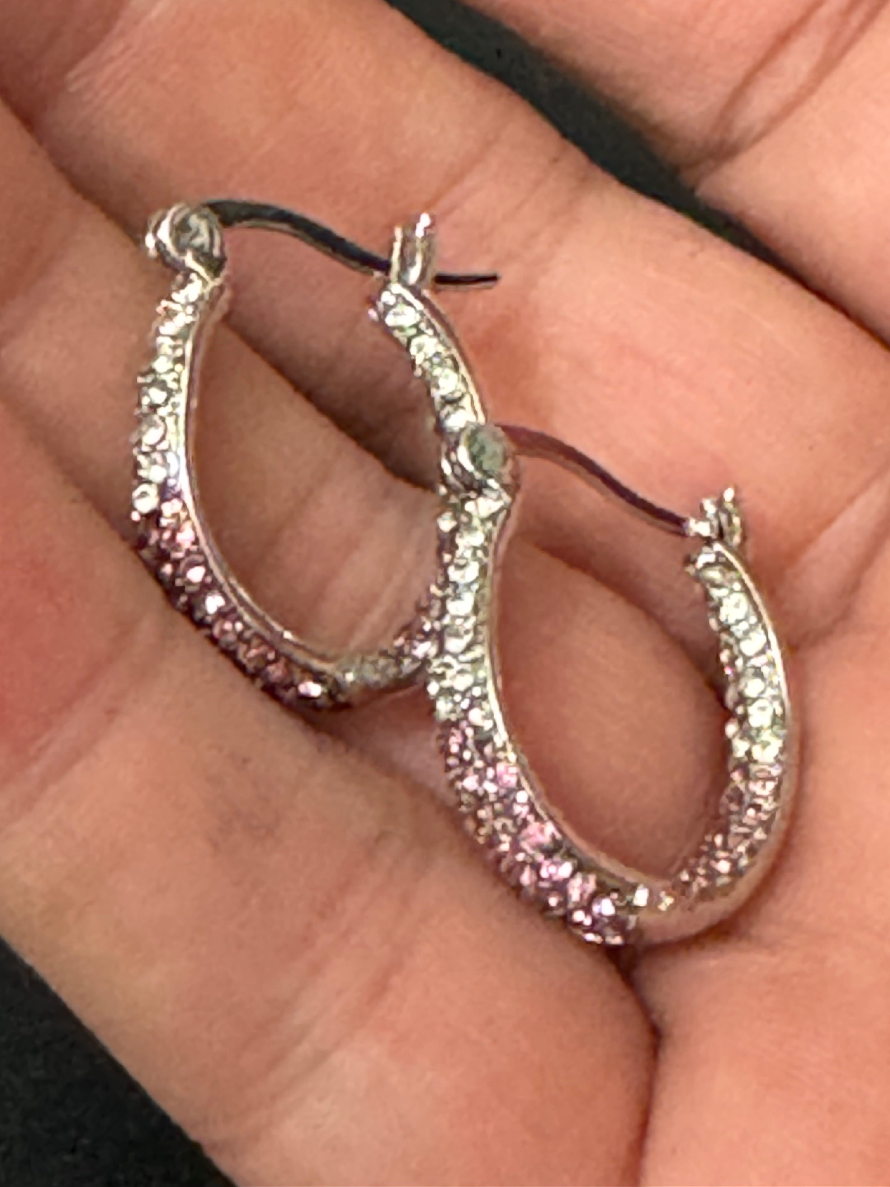 Pink & clear diamanté Crystal silver tone small oval hoop earrings