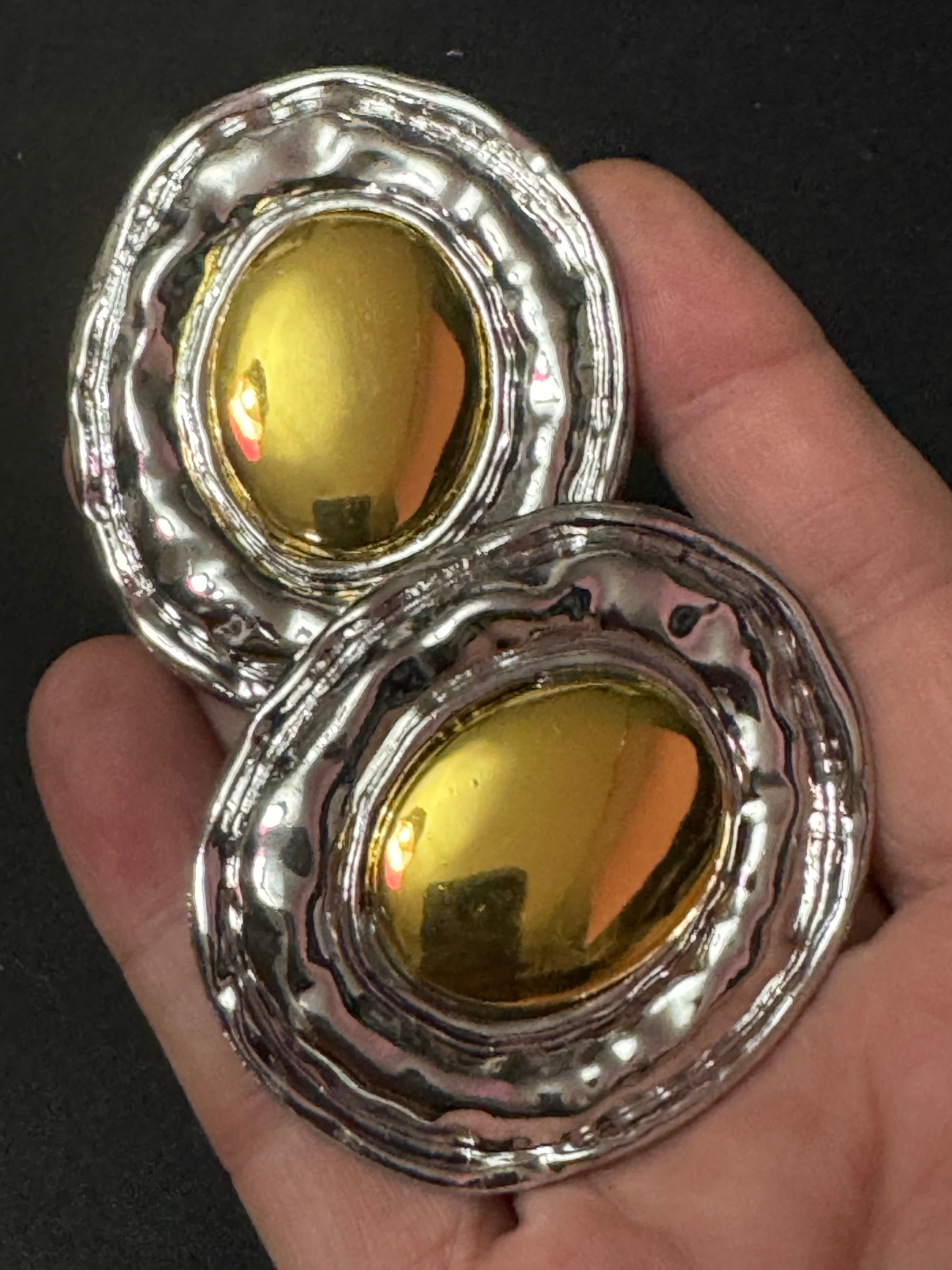 Oversized huge silver and gold tone statement Textured oval pierced stud earrings