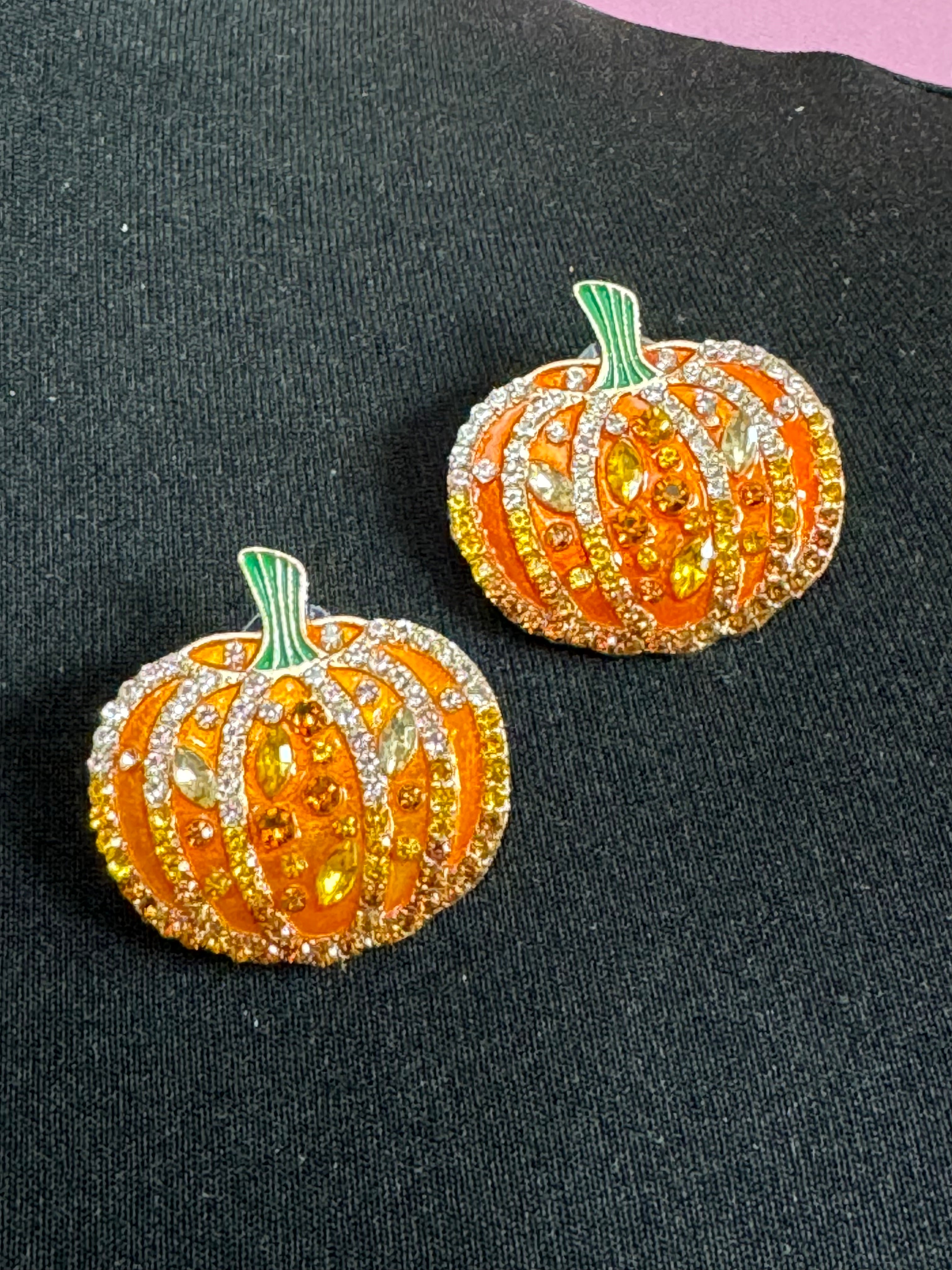 Oversized crystal orange enamel pumpkin earrings pierced