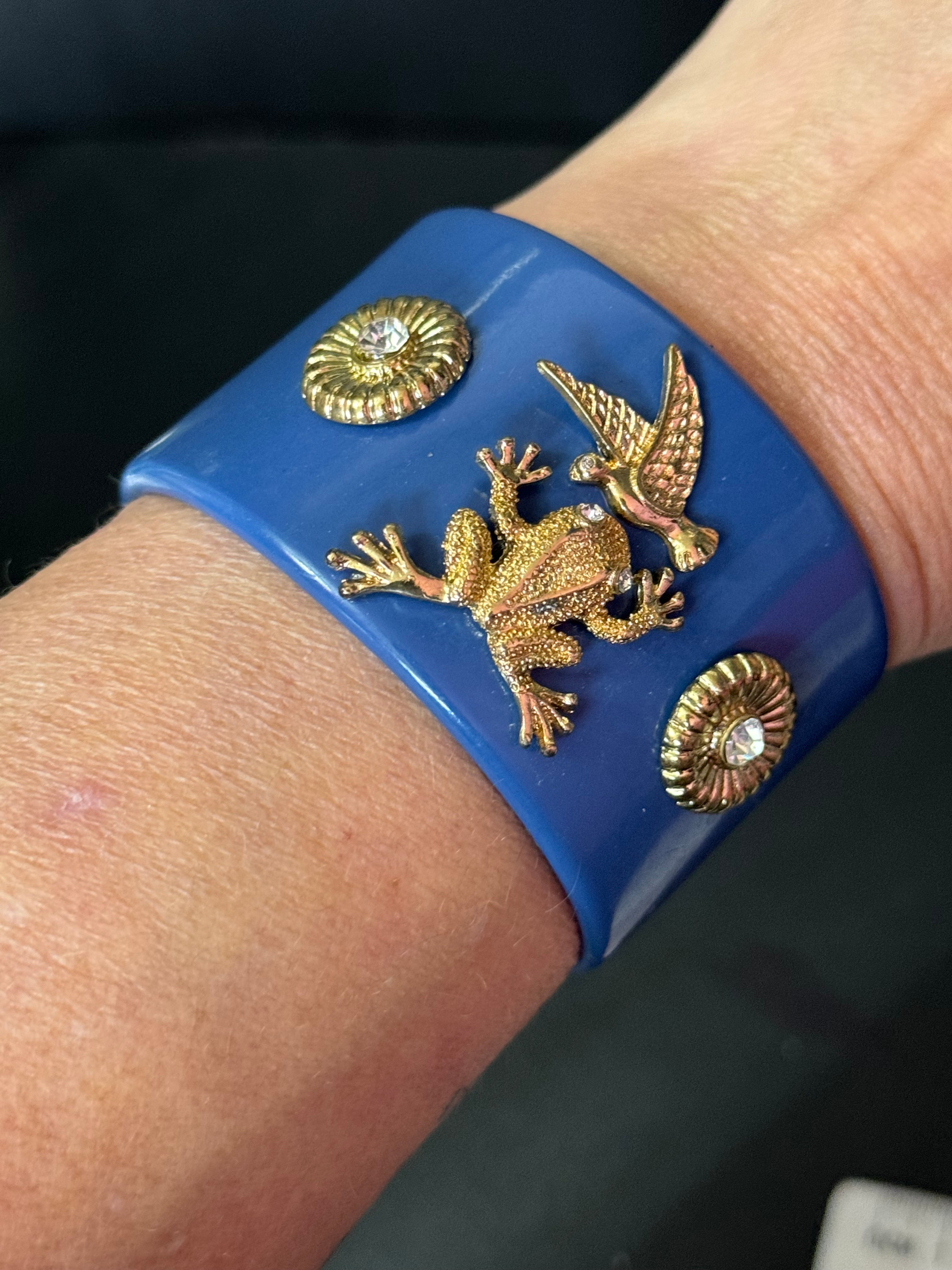 Gold crystal frog ornate Navy blue wide acrylic cuff bangle