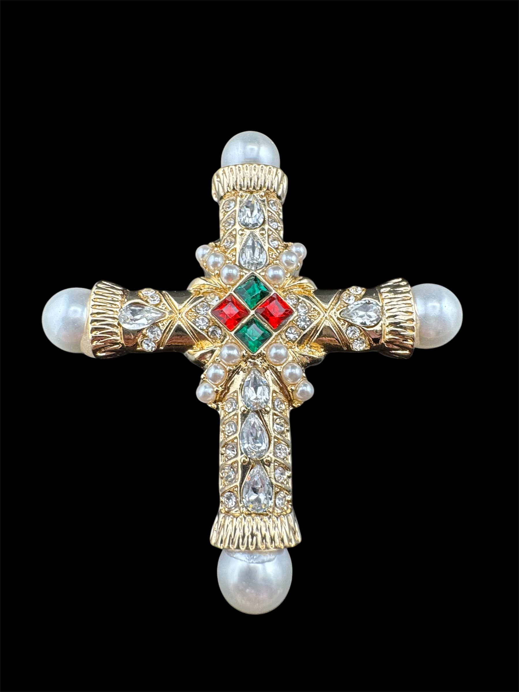 gold cross brooch and pendant with pearl and diamanté