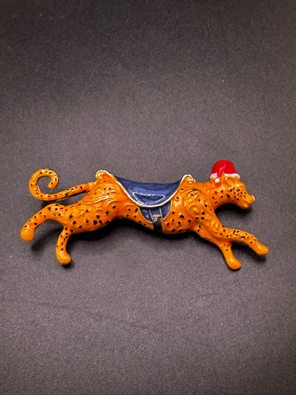 Novelty christmas enamel leopard brooch, big cat festive jewellery