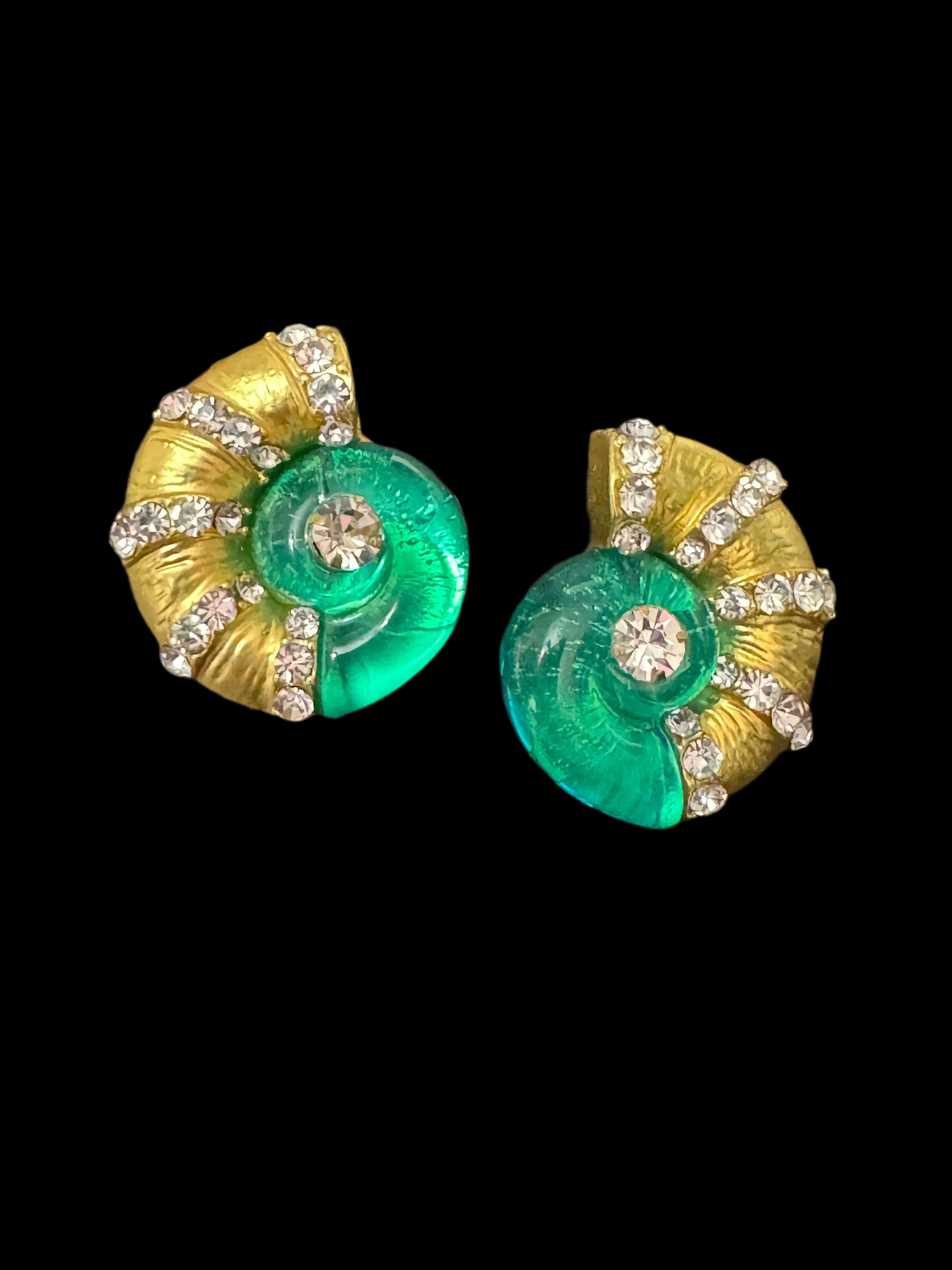 Diamanté crystal sea green acrylic gold tone ammonite seashell nautical earrings pierced