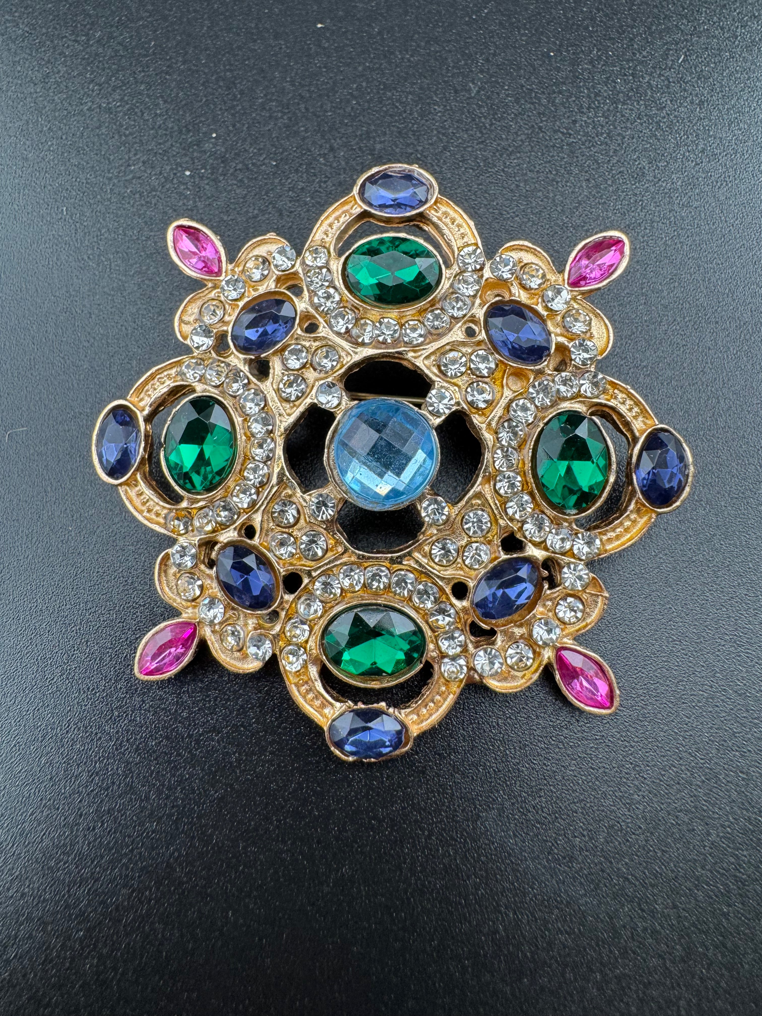 Statement Medieval style gold emerald and sapphire rhinestone cross brooch
