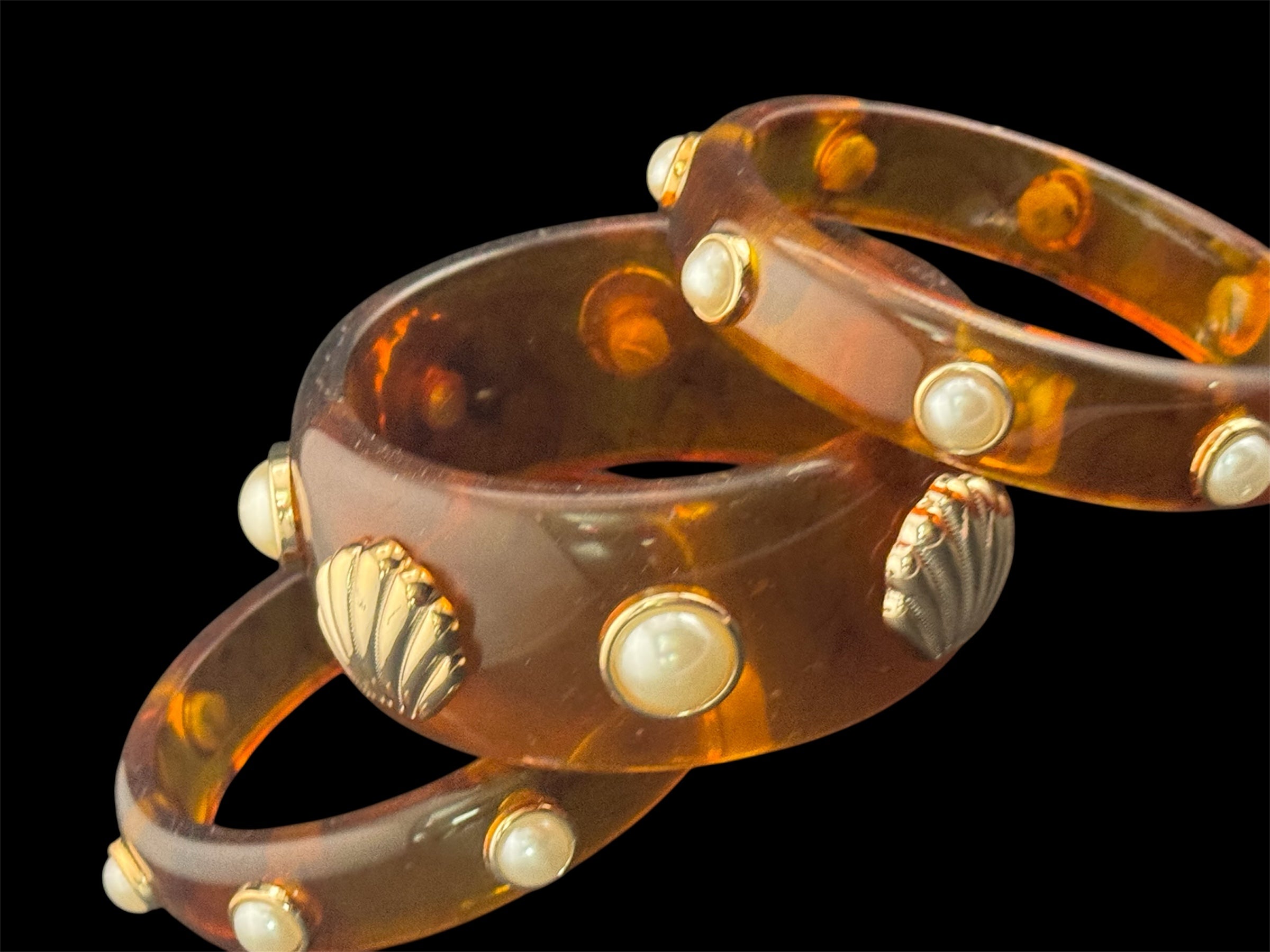 Nautical gold seashell faux tortoiseshell wide brown acrylic pearl plastic bangle bracelet