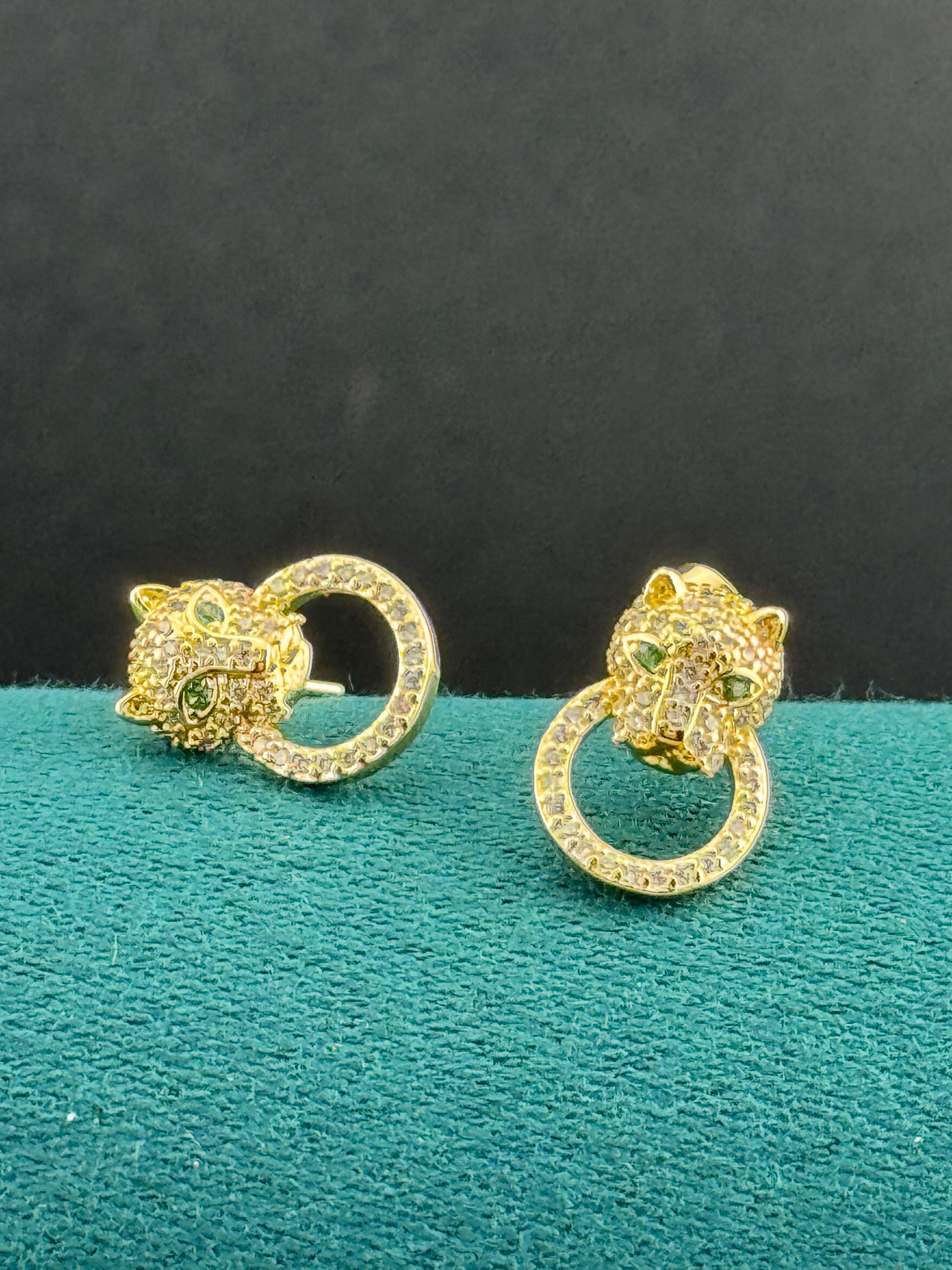 High end small gold plated Cz crystal leopard panther big cat stud earrings