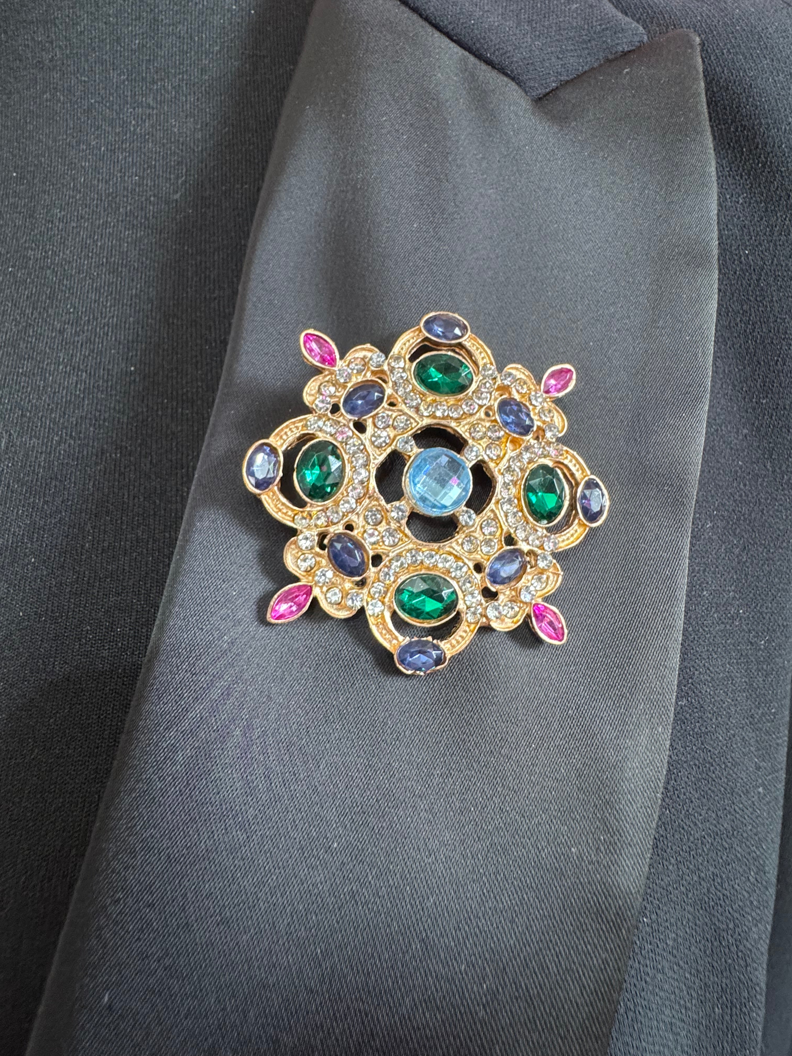 Statement Medieval style gold emerald and sapphire rhinestone cross brooch