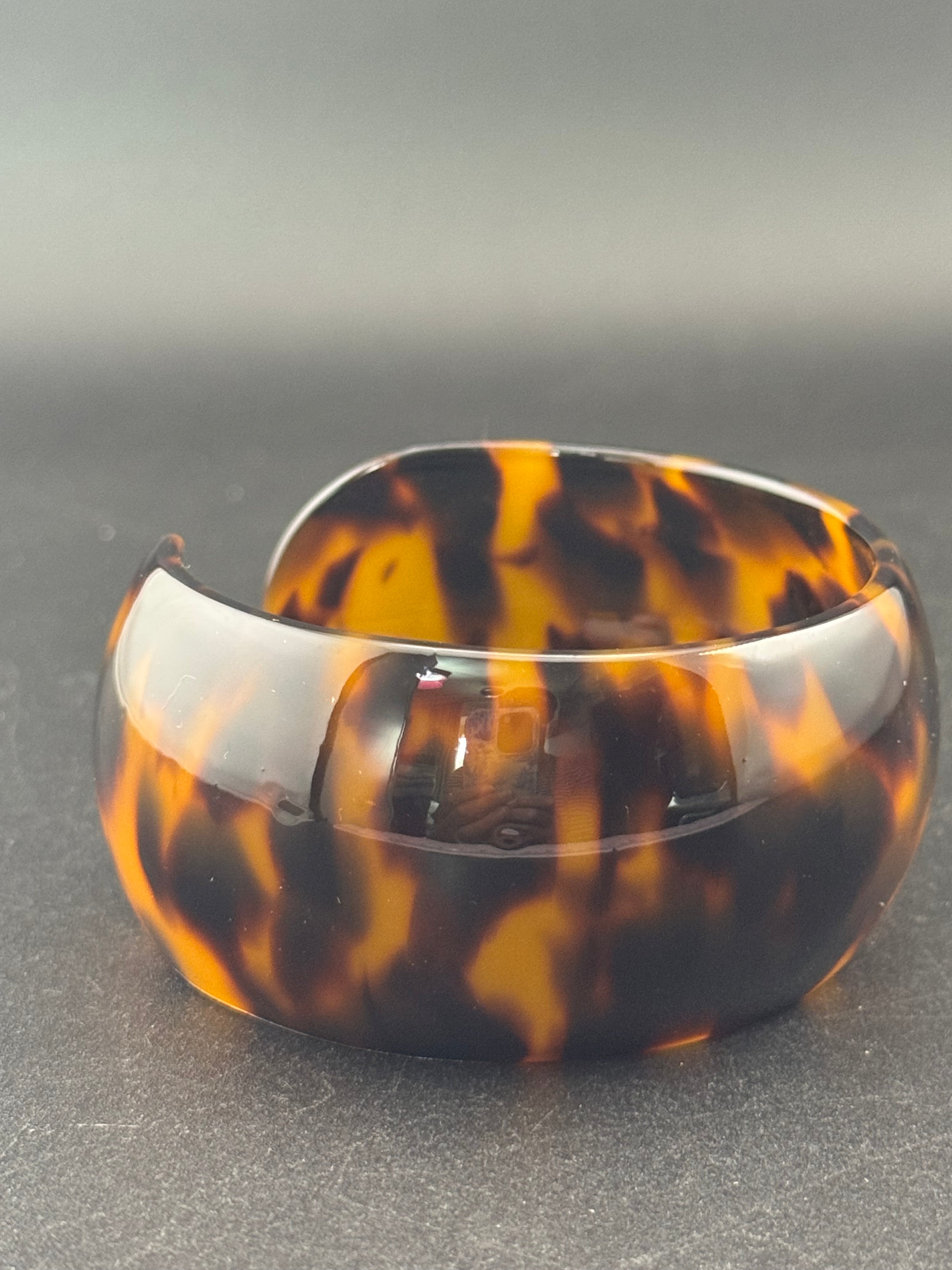 Wide acrylic brown faux tortoiseshell open cuff bangle bracelet