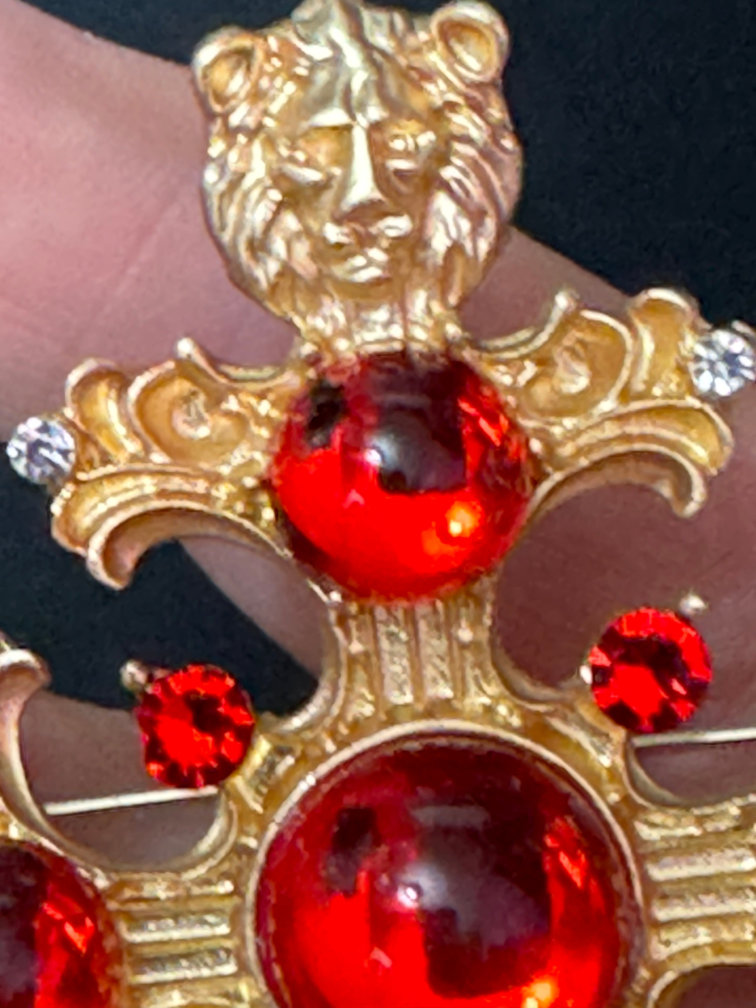 Medieval style Large faux red ruby cabochon matt gold lions head oversized cross brooch