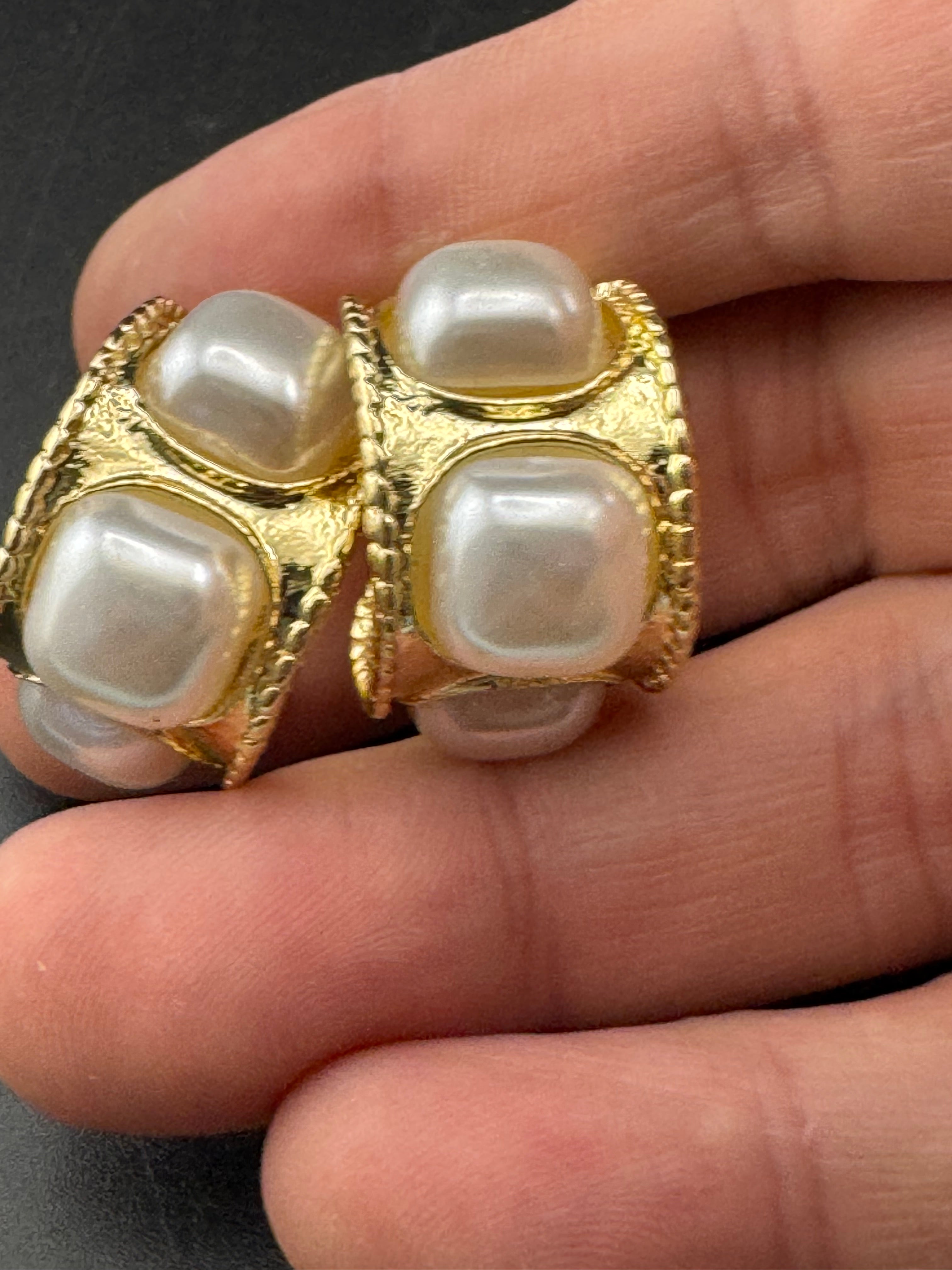 Etruscan style pearl wide hoop earrings
