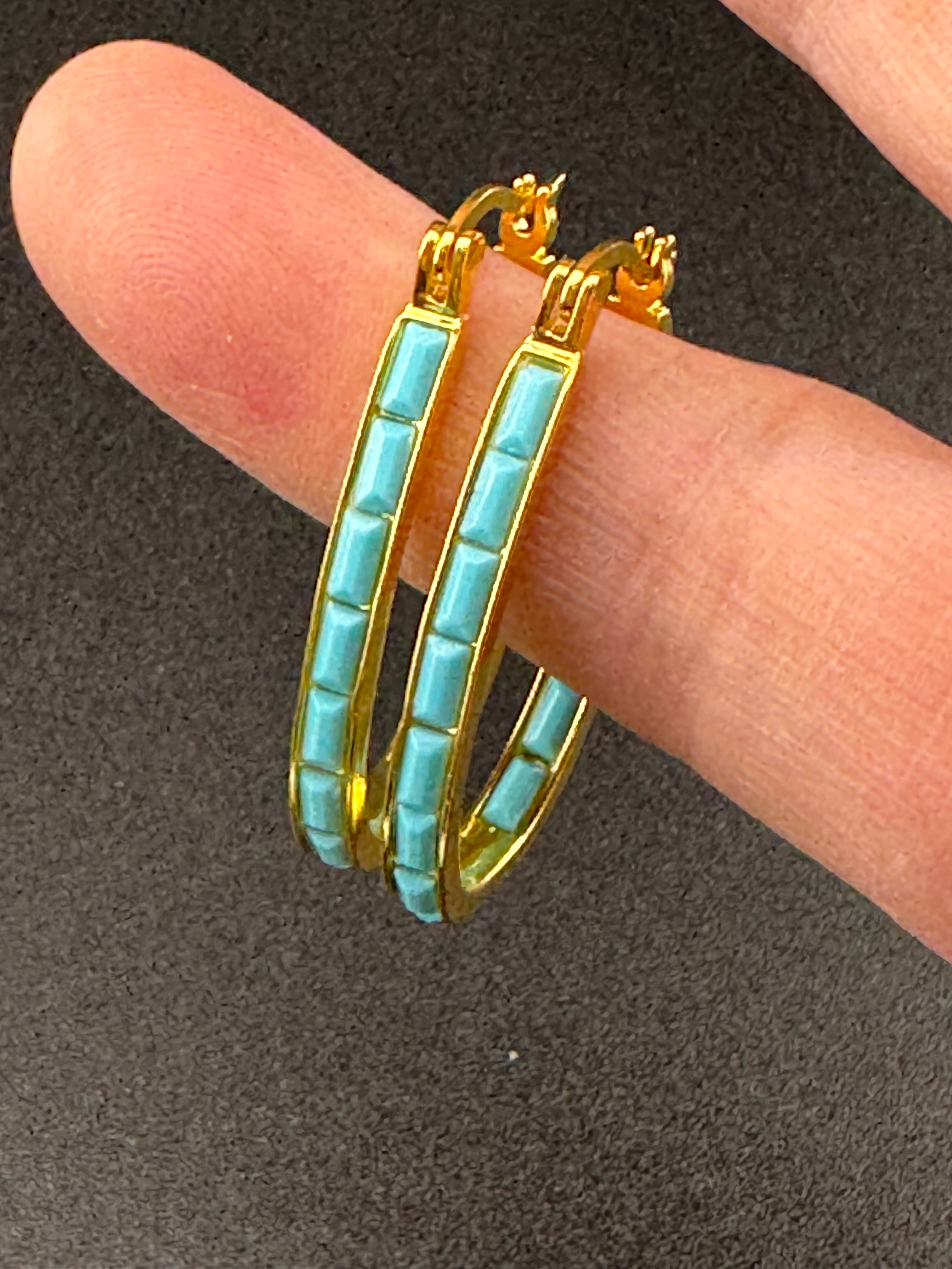 Turquoise blue gold tone oval hoop earrings