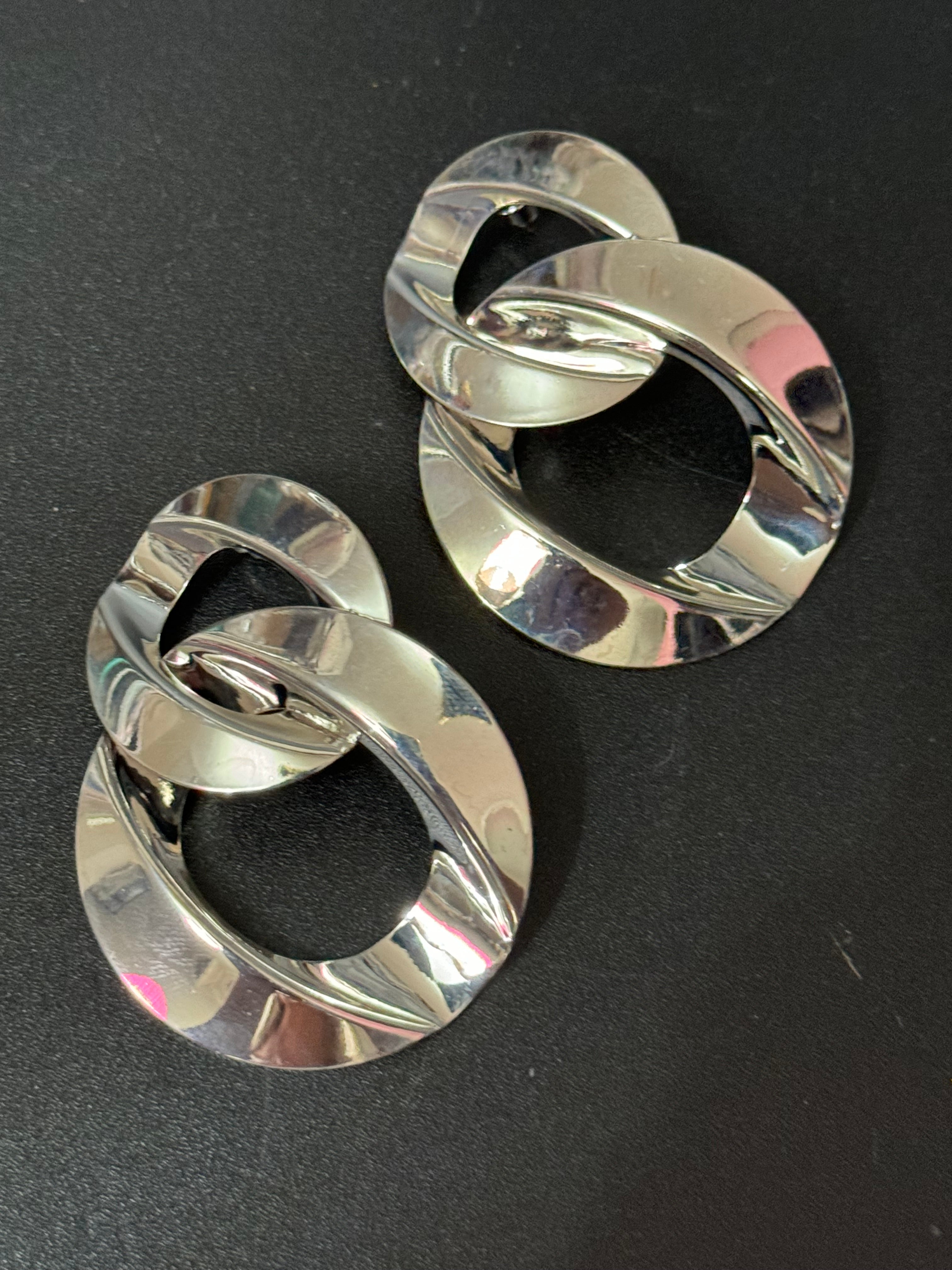 Oversized silver flat chain link drop earrings pierced