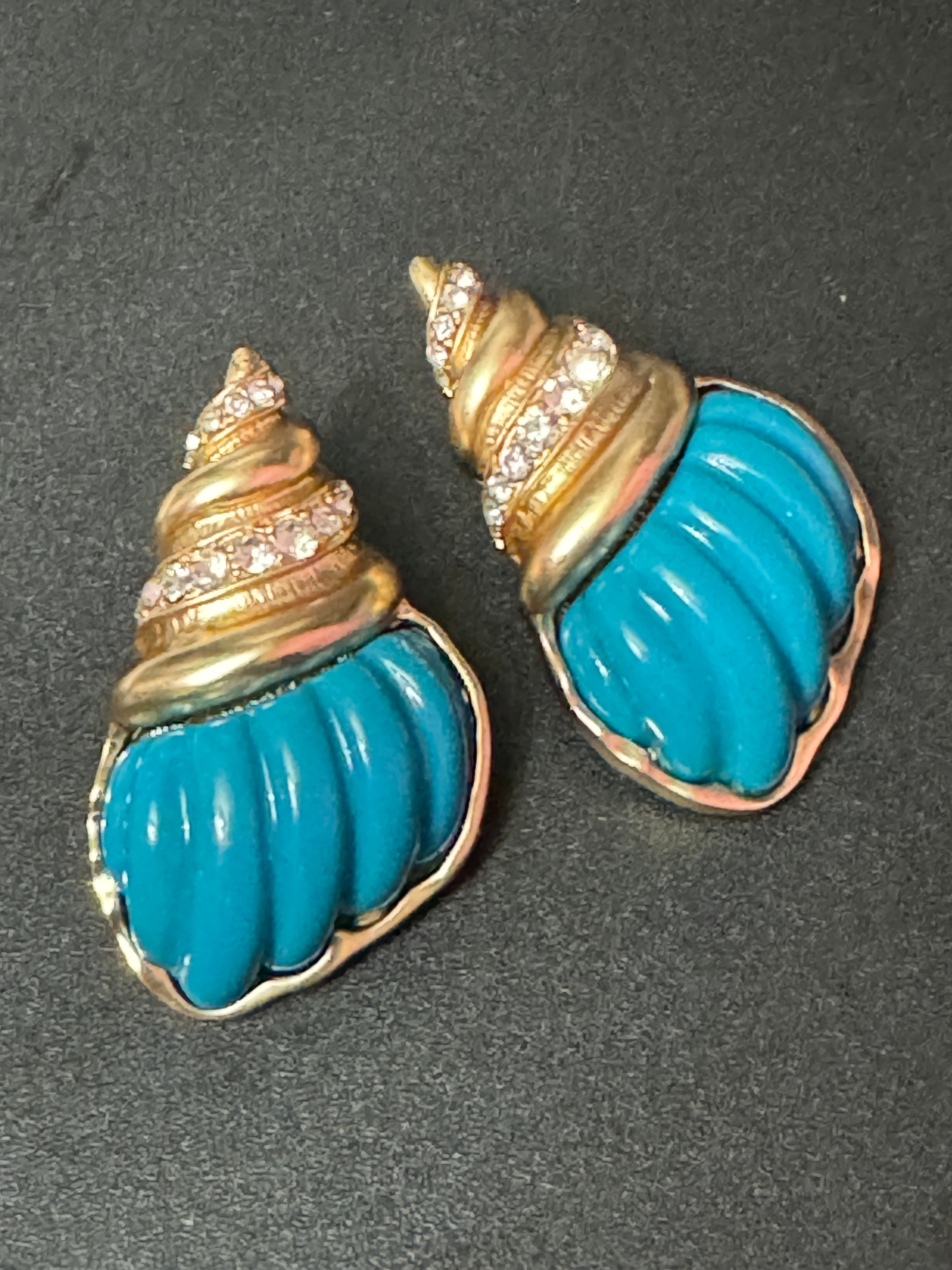 Oversized XL turquoise blue and gold seashell conch crystal earrings