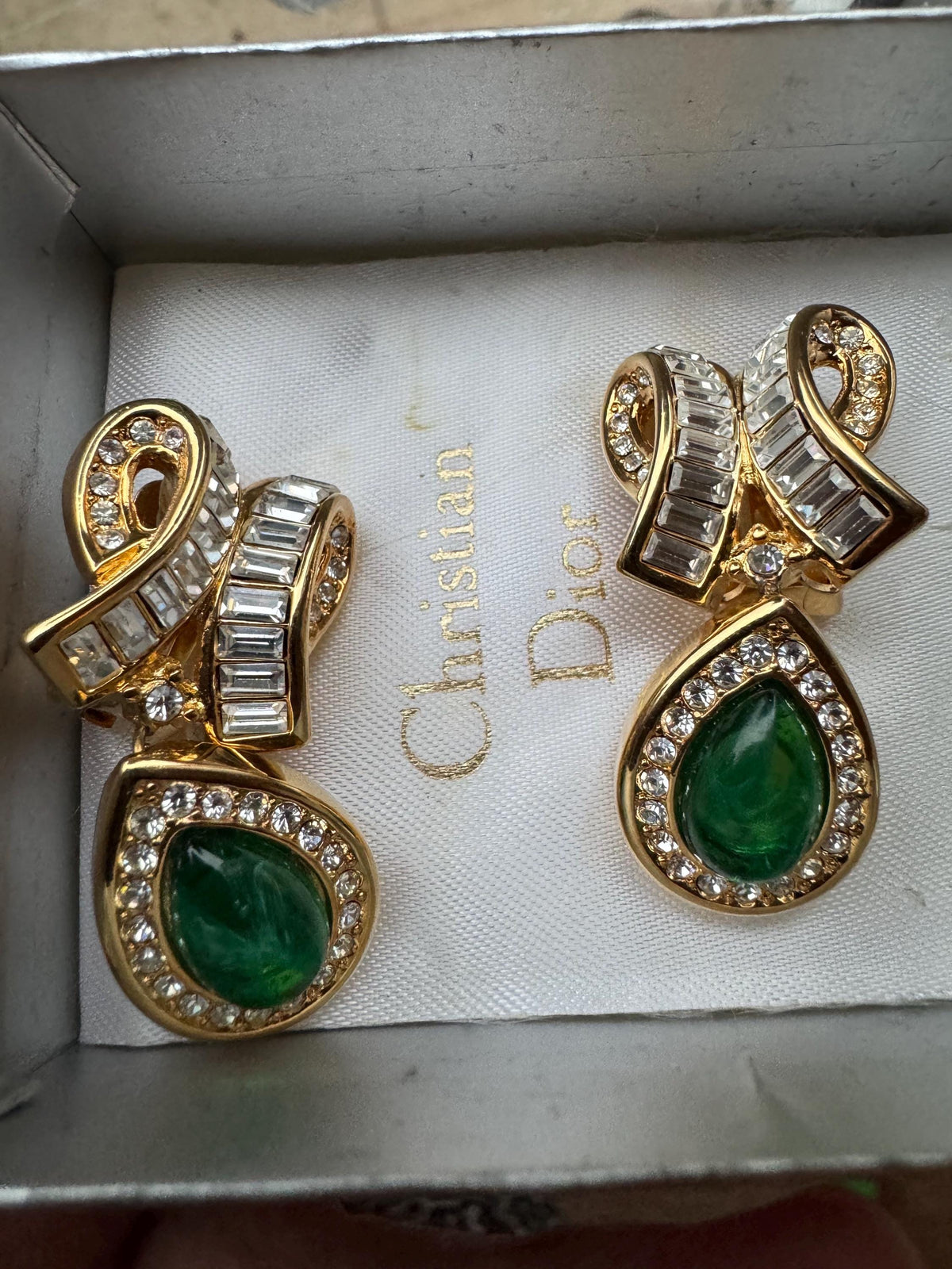 Vintage Dior Clip Earrings, Green Gripoix, Gold Tone, Signed Dior