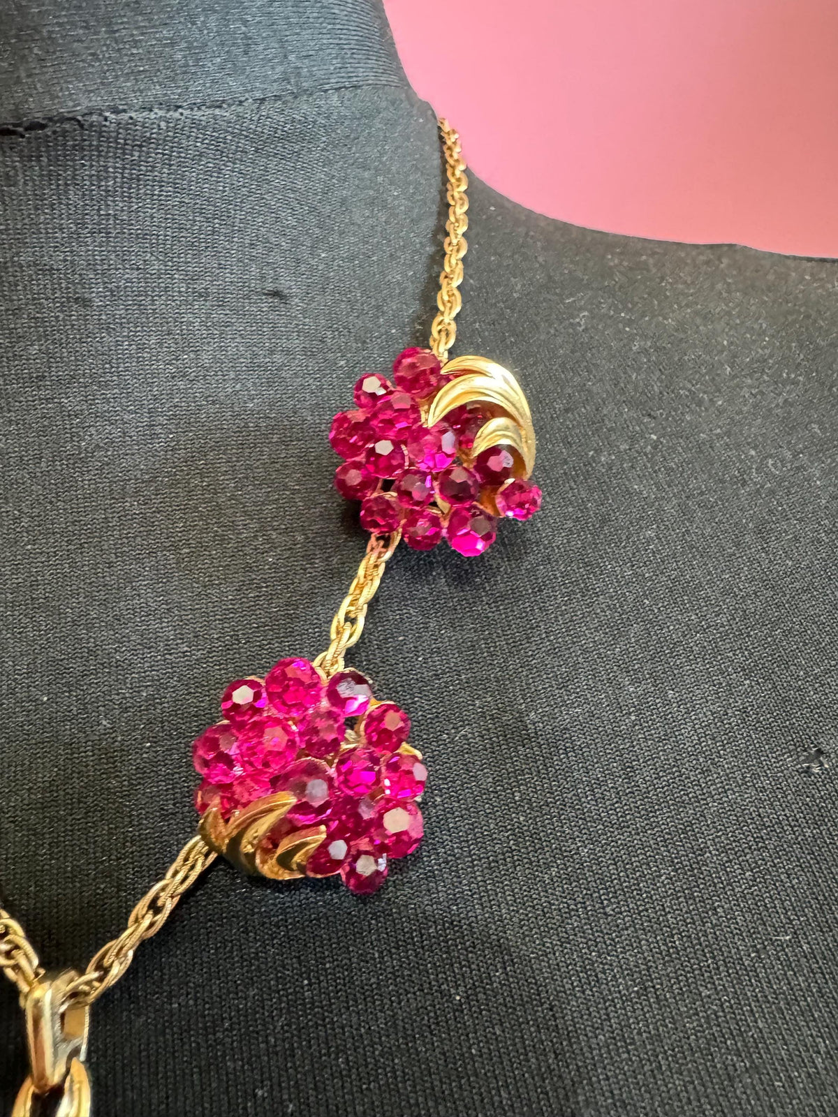 Vintage Trifari Jewelry Set, Pink Briolette Pendant Clip Earrings