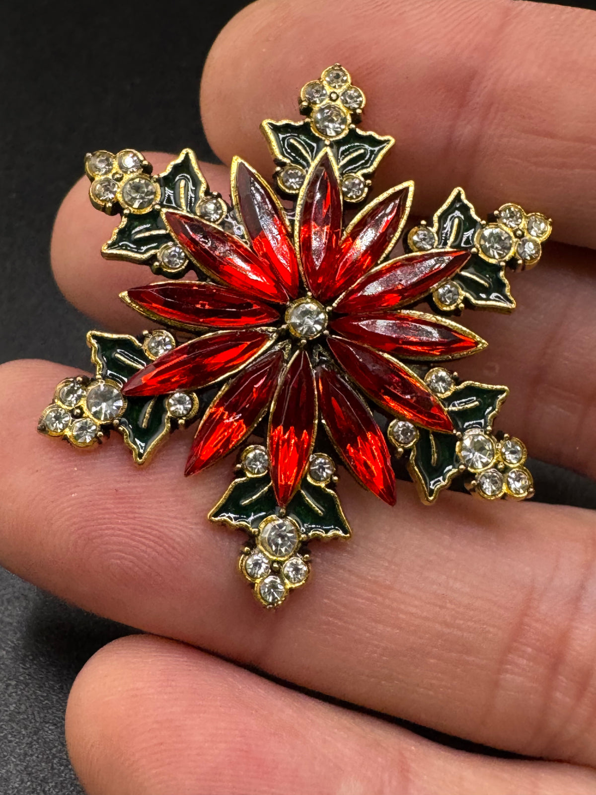Christmas Poinsettia Brooch, Rhinestone Flower, Red Green Gold Tone