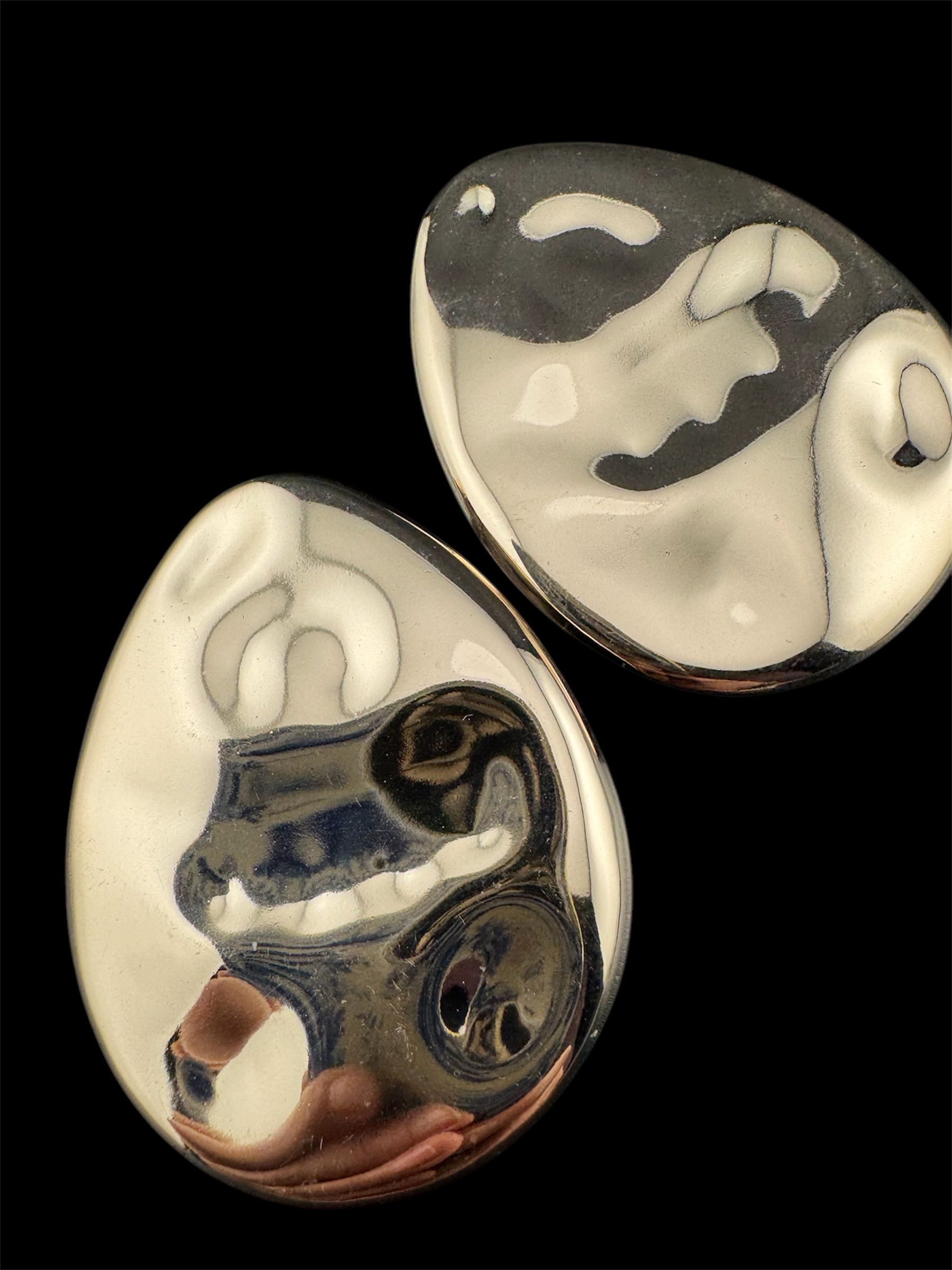 Oversized gold and silver tone flat abstract oval huge stud earrings pierced