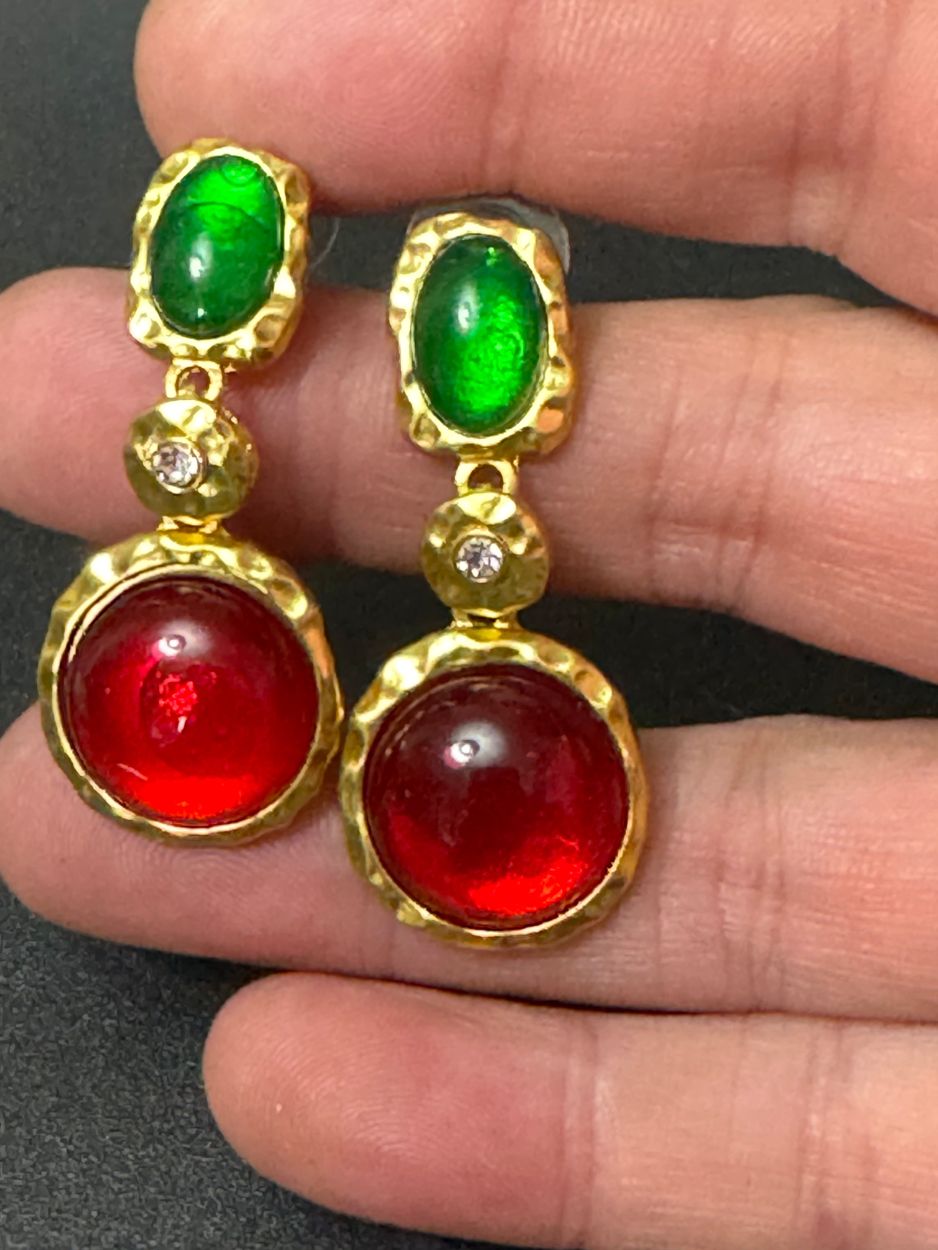 Matt gold tone Gripoix style crystal red and green cabochon earrings pierced