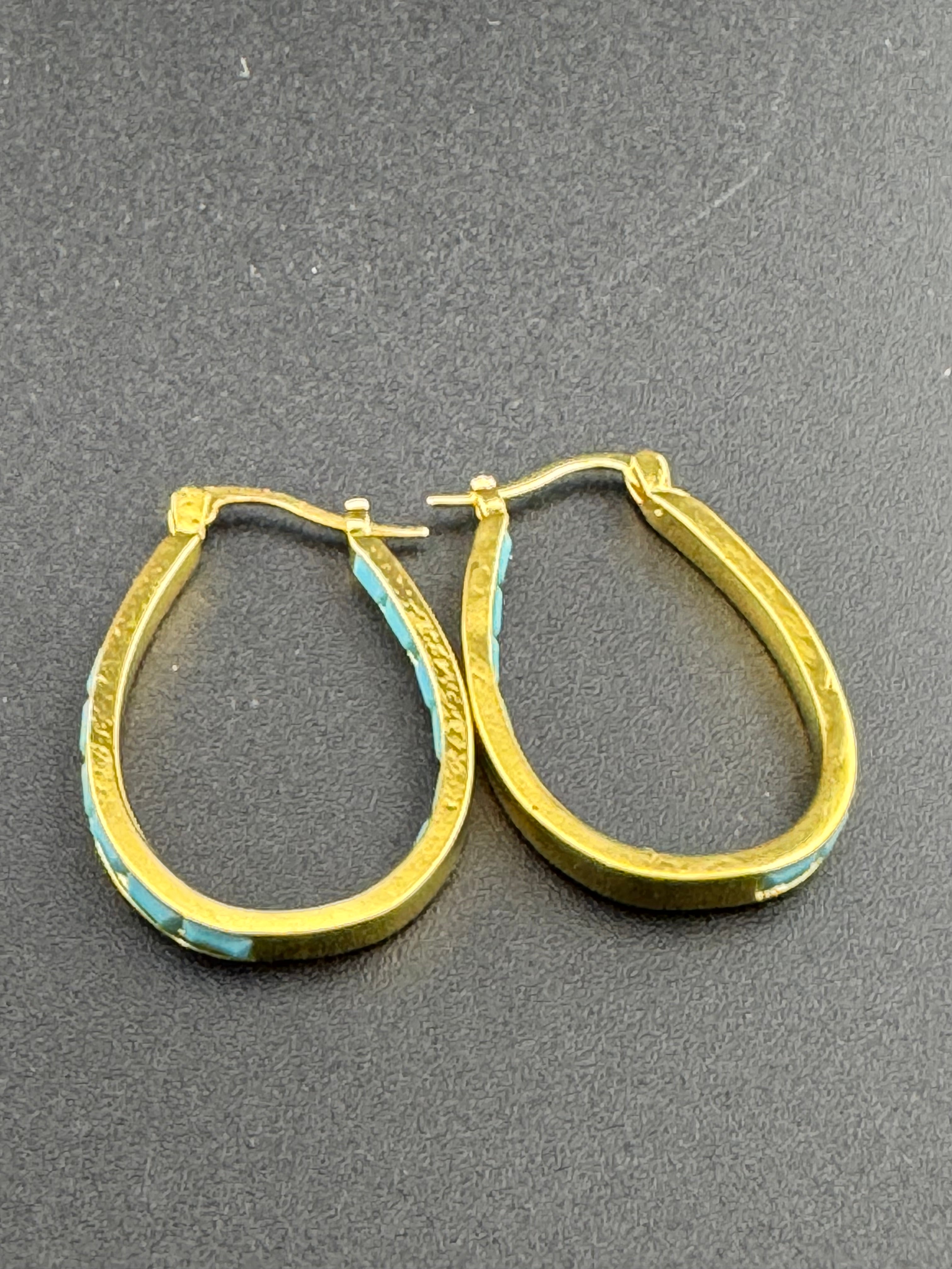 Turquoise blue gold tone oval hoop earrings