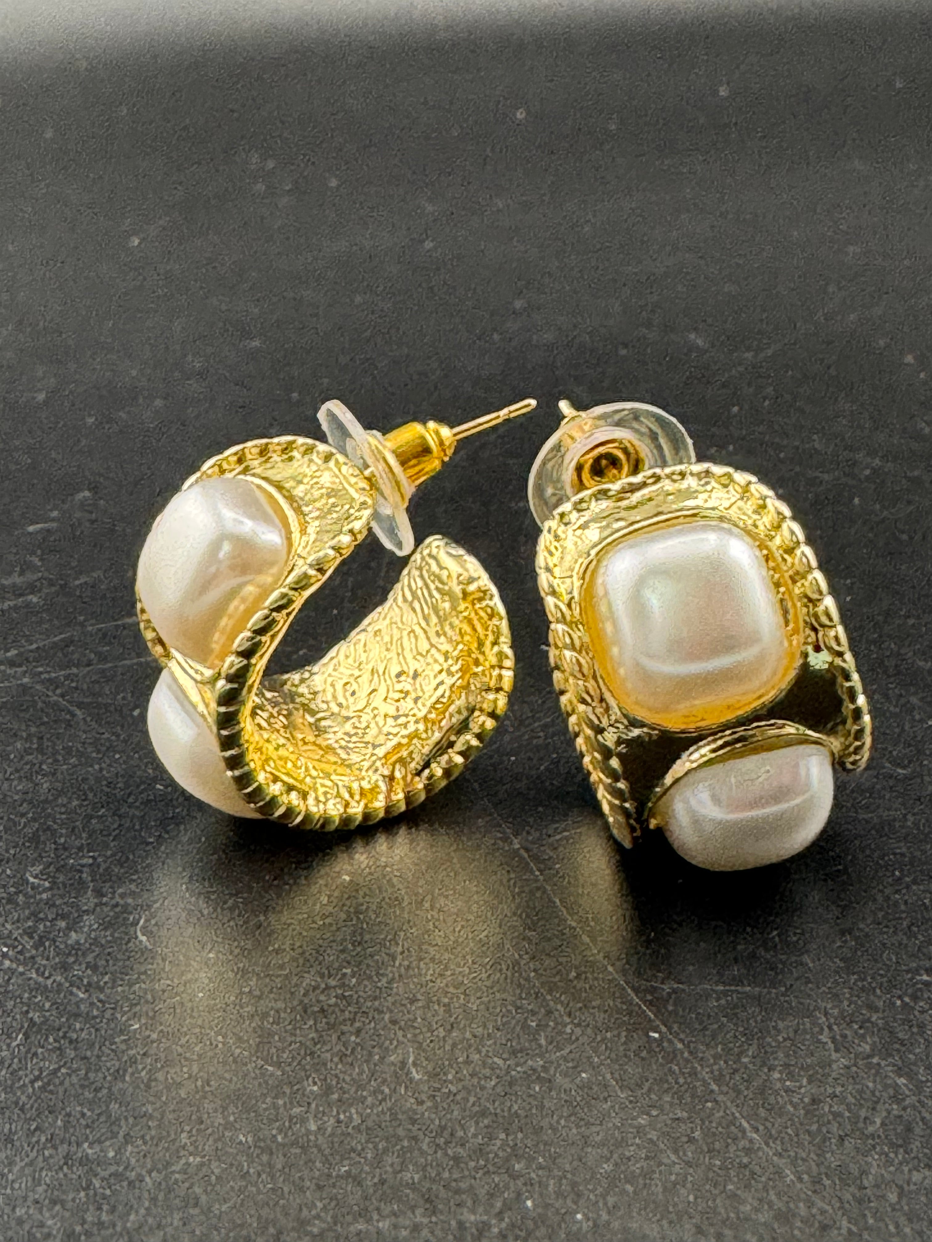 Etruscan style pearl wide hoop earrings